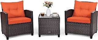 COSTWAY 3PCS Wicker Patio Furniture Set with Cushions for Balcony and Porch | Brown Rattan Sofa, Washable Orange Cushions, Tempered Glass Tabletop Coffee Table, Outdoor Conversation Set for Backyard Deck