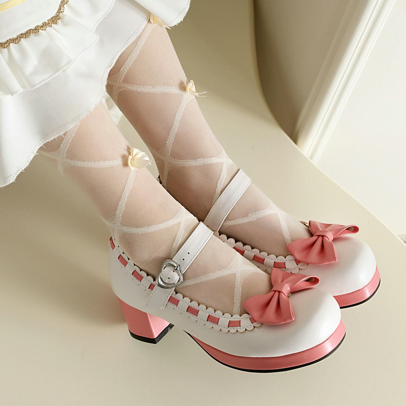 Cute Mary Jane Bow Kawaii Heels Cute One Buckle Strap Tacón grueso Correa de espagueti especial Zapatos de vestir de fiesta de encaje con lazo (10A-blanco,35)