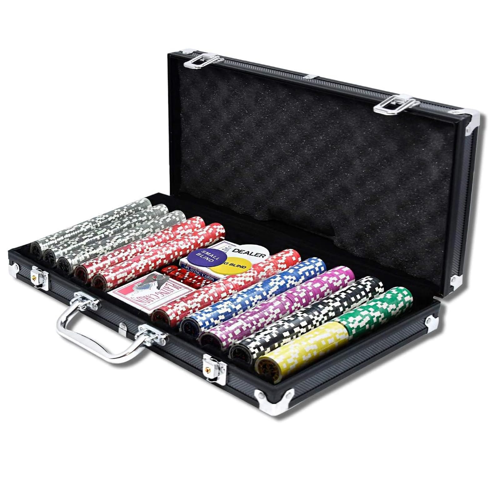 Aufun Set da poker con valigetta in alluminio, 500 chip da poker laser, gioco di poker professionale, con 2 ponti da poker, 5 dadi, 3 pulsanti dealer (nero)
