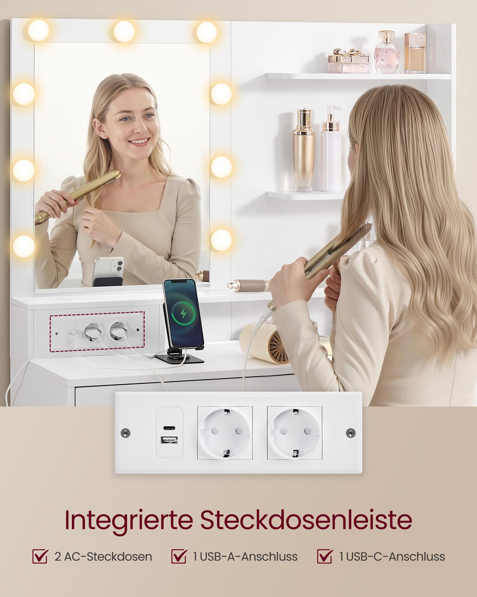 VASAGLE Kailyn Kollektion - Schminktisch mit Spiegel und LED-Beleuchtung, Frisiertisch 9 Glühbirnen, 8 Schubladen, 3 Ablagen, 3 Lichtfarben, gerade oder L-förmig, wolkenweiß RDT140WB01
