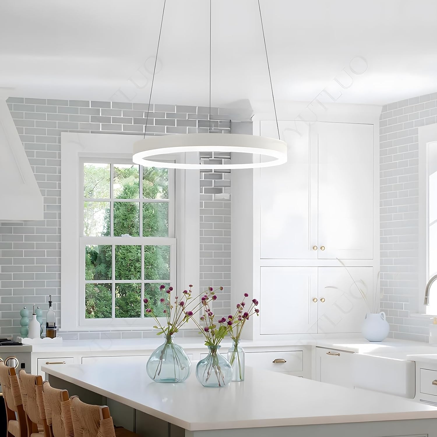 WayLuoung Metal LED Chandelier | 1 Circles 80cm | 35W Rings Ceiling Hanging Lamp, Dimmable Remote Control 3000-6000K, Acrylic Shade Pendant Light, Living Room Bedroom Foyer Dining Room Kitchen【White】