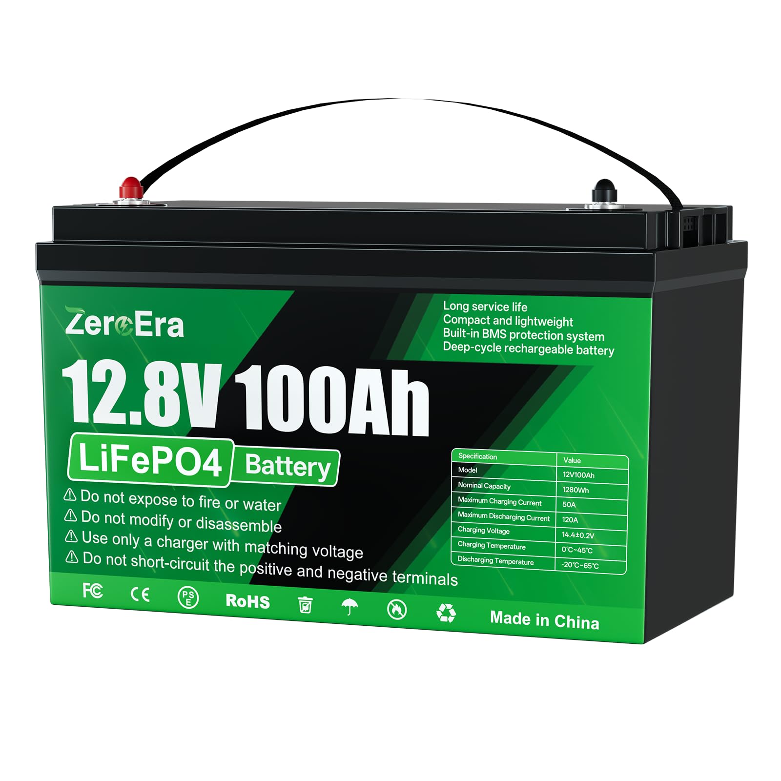 Batterie Lithium LiFePO4 12V 100Ah 1280Wh,BMS 100A Intégré, Protection Basse Température,Cycle Profond Longue Durée de Vie,Prend en Charge Montage Série et Parallèle,pour Panneau Solaire,1 * 12V 100AH