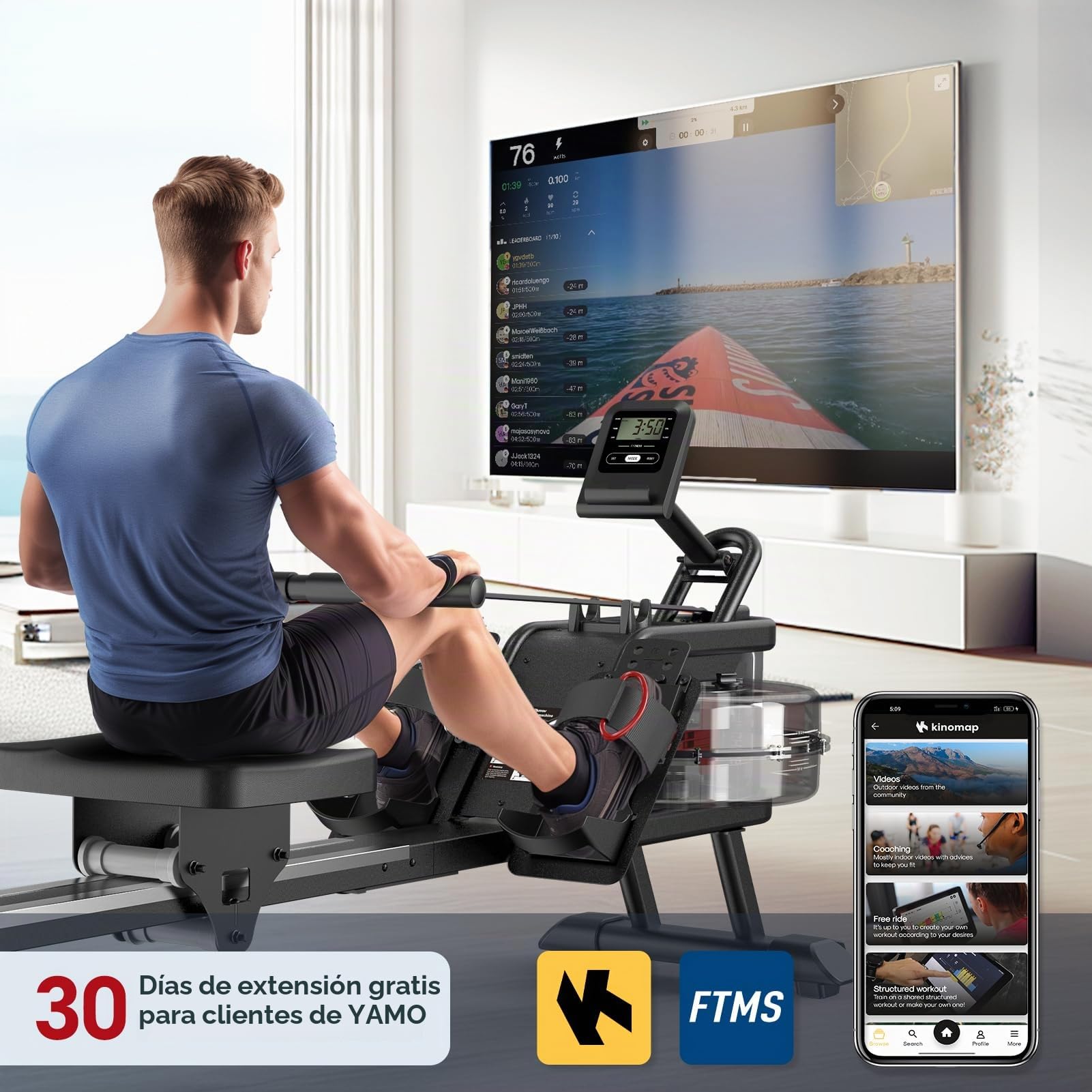 YAMO Máquina de Remo, Remo con LCD Display, Tanque de Agua de 14 litros, Máquina de Remo con Capacidad de Peso de 150kg, Rowing Machine con Membresía de (Tanque de Agua Plano)