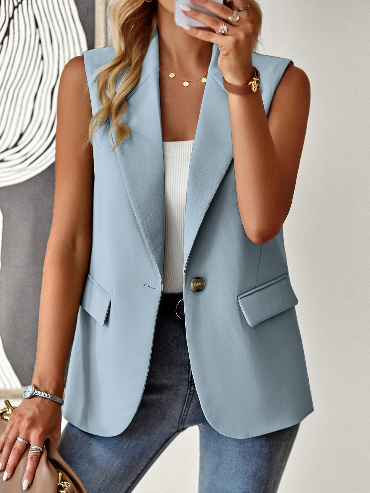 ALSOGO Blazer, gilet da donna senza maniche, sportivo, elegante, tinta unita, blazer, giacca da negozio, da ufficio, con risvolto aperto, per il tempo libero, con tasca