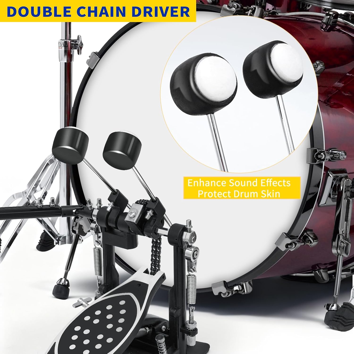 Double Bass Drum Pedal 2.0, Ultra-Responsive Double Chain Kick Pedal with Included Drum Patch, Latest Model for Speed and Control