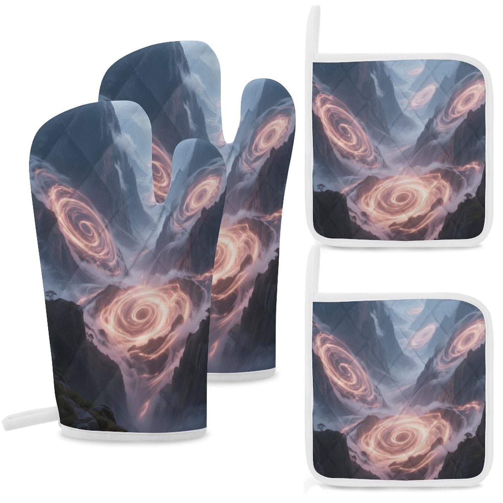 Fekiloot Style Mysterious Valley Oven Mitts And Pot Holders 4-Piece Set, Kitchen Oven Glove With Hanging Loop, Bbq Gloves For Cooking Baking Grilling