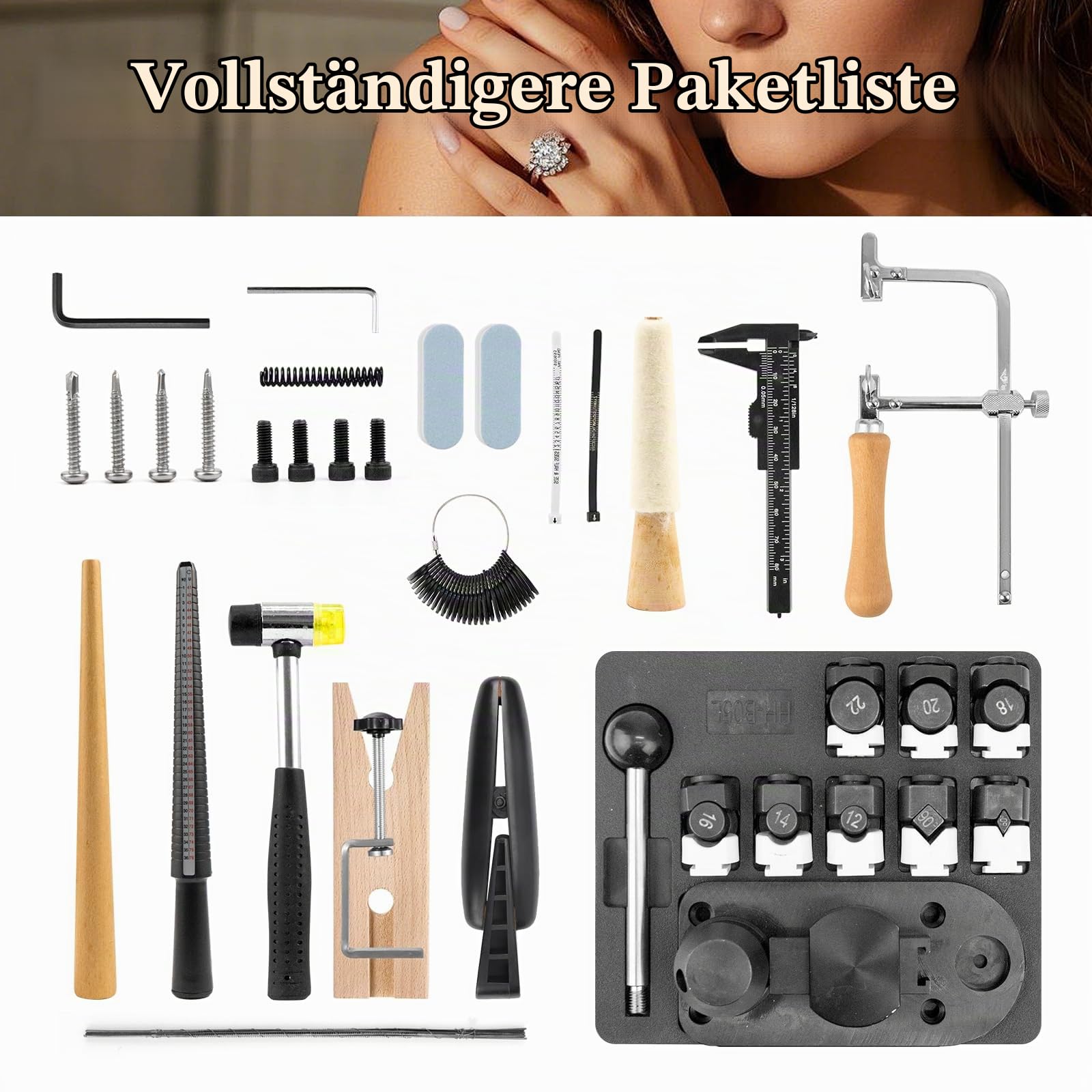 Ringbiegewerkzeug für Schmuckherstellung, Ringherstellung, Ringbieger | Ring Biegemaschine mit 27-teiligem Set aus Nylon/Metall Matrizen, Ringmaß, Hammer & Polierwerkzeuge