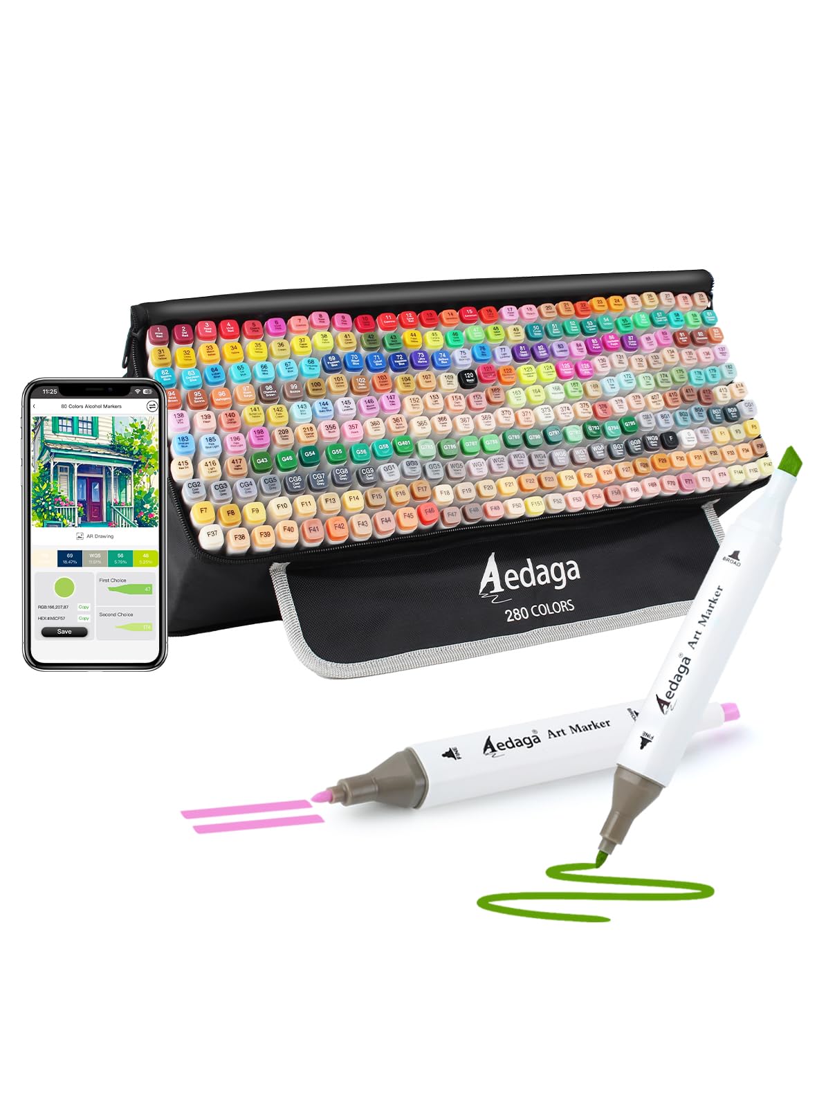 AEDAGA 280 Rotuladores Alcohol con App Marcador Doble Punta Ancha y Fina | Estuche con Soporte Premium, Secado Rápido, Colores Vibrantes, Permanente, No Tóxico, Punta Duradera, Tinta Estable.