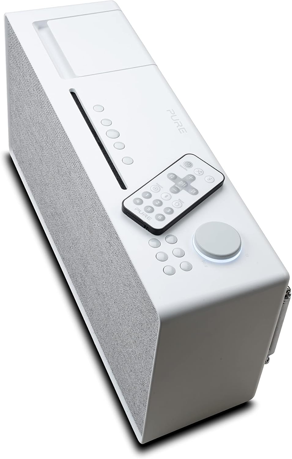 Top-down angled view of Pure Evoke Home showing the CD slot and remote control.