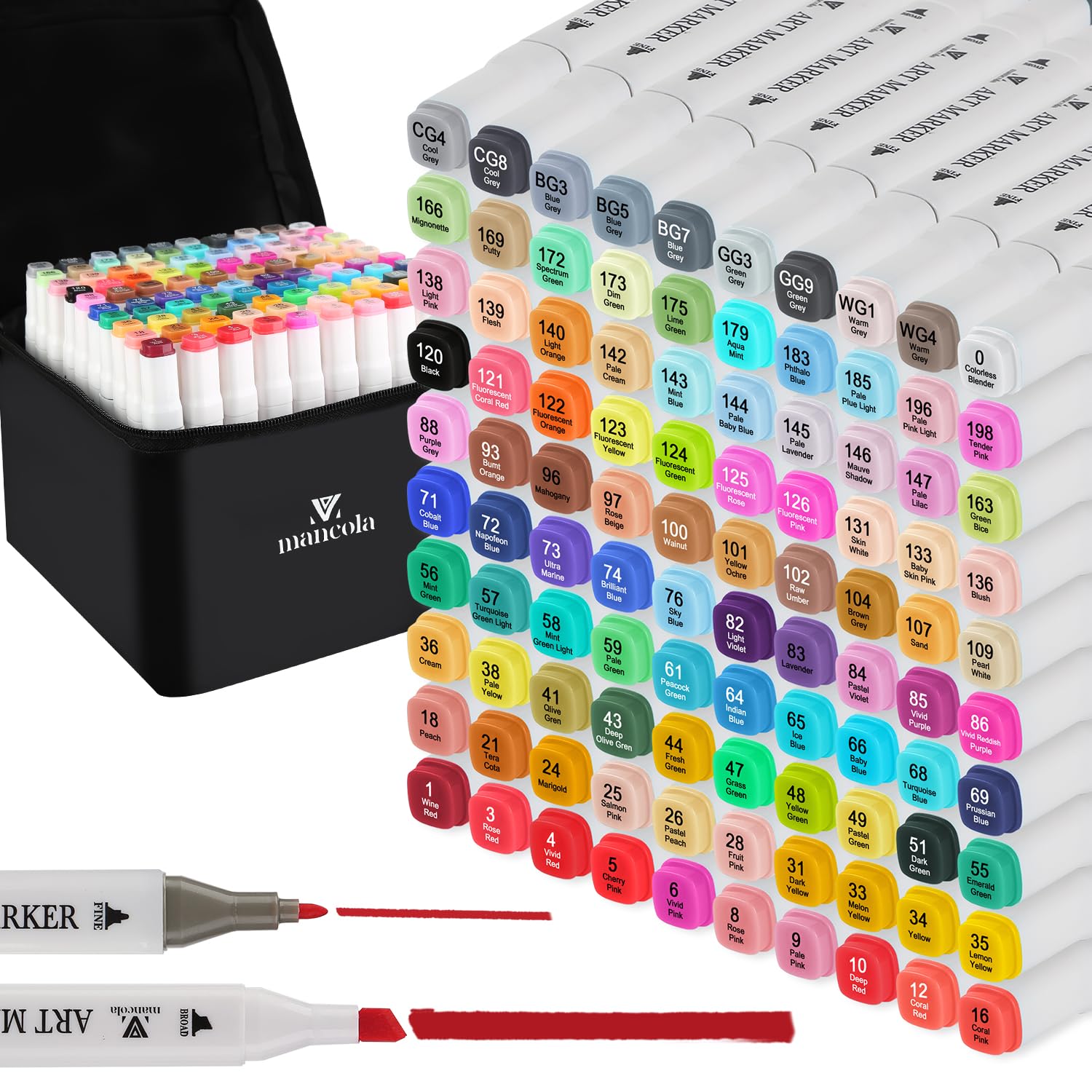 mancola 100 Colores Juego de Rotuladores Permanentes a Base de Alcohol, Dibujo Marcadores de Punta Doble para colorear, dibujar, pintar, no tóxicos para niños y adultos MA-MK100