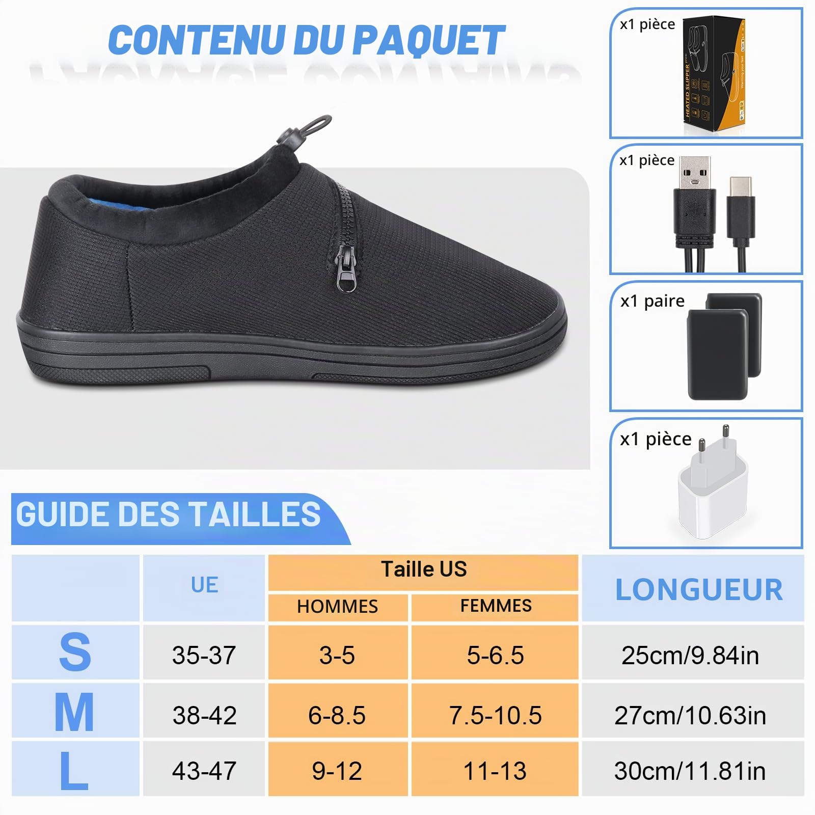 Amiable Pantoufles Chauffantes, Chauffe-Pieds avec 7,4 V 3000 mAh Batteries Rechargeables, Fonction Anti-Toucher, Pantoufles électriques avec 4 Niveaux,Chaussures Chauffantes(Prise Incluse)