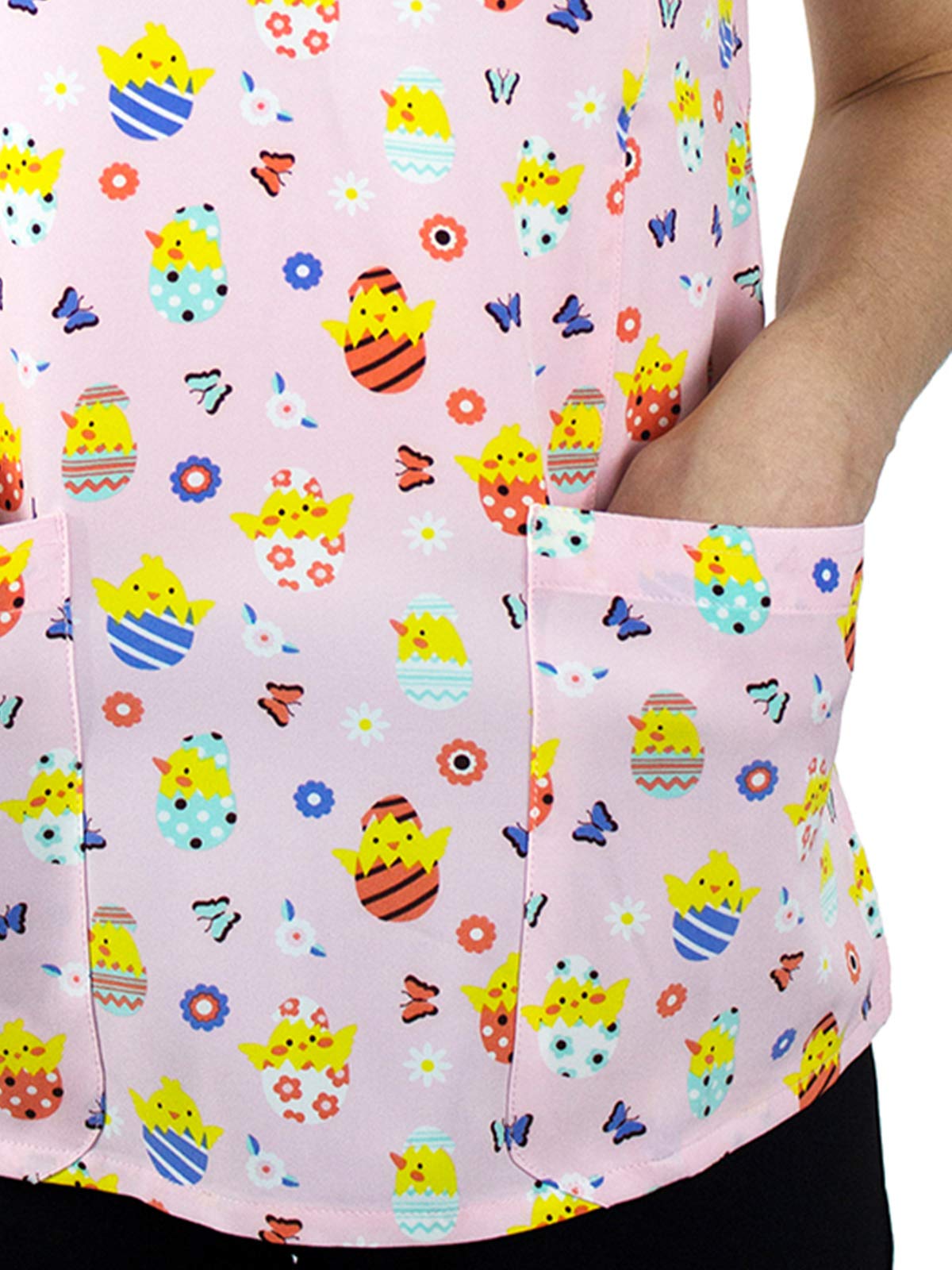 Maevn Prints 1767 Women's V-Neck Print Scrub Top, Easter Egg Hunt, M