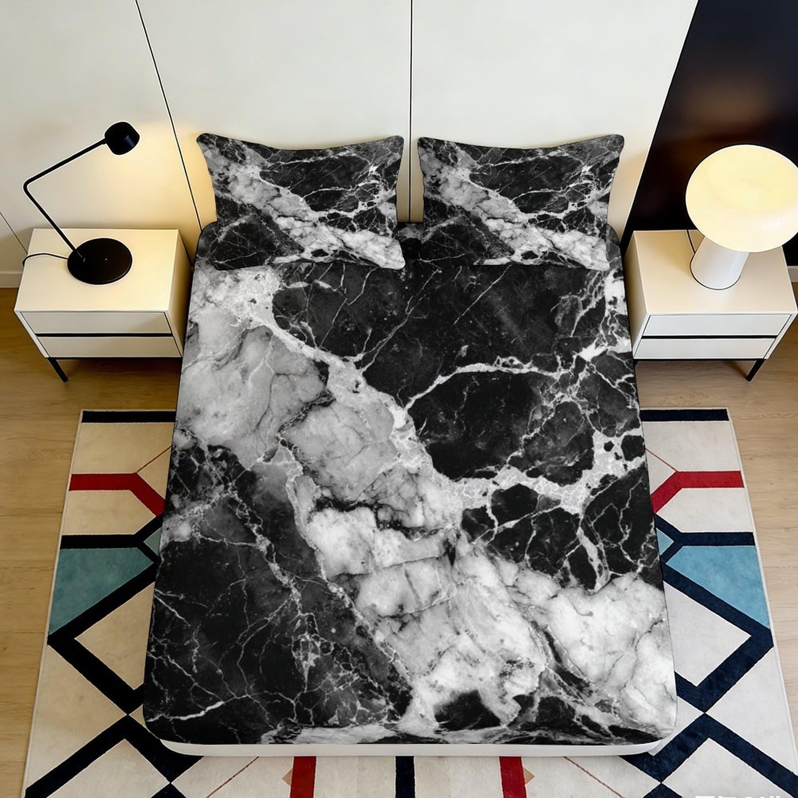 3D Printed Marble Texture Fitted Sheet Microfiber Deep Pocket Non-Slip Bedroom Decor Marble Mattress Fitted Cover Washable 140x200x25cm