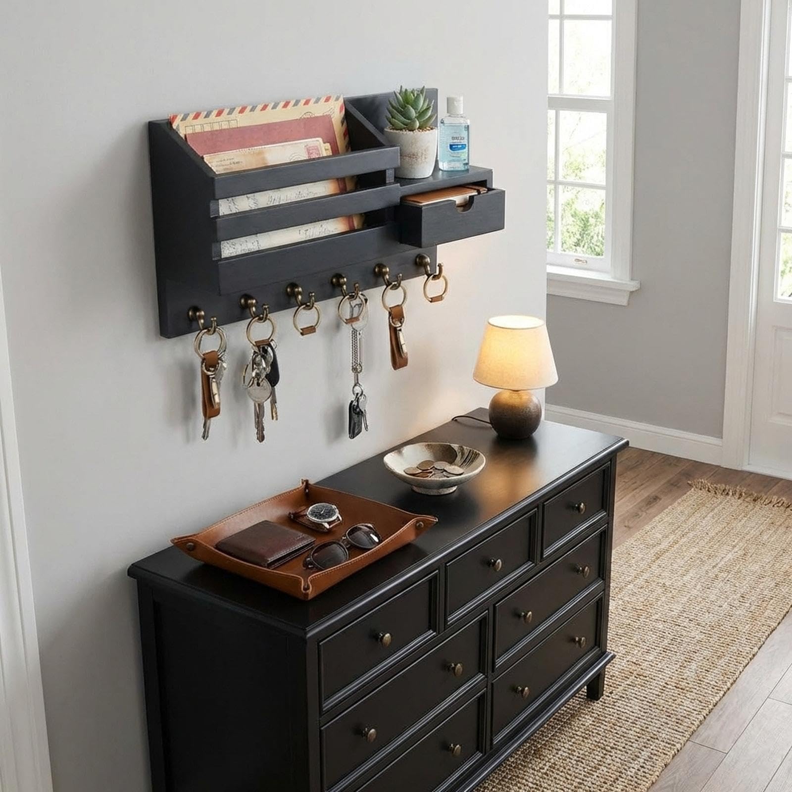 rockible Porte-clés Mural Organisateur de Courrier Étagère En Bois avec Crochets pour Rangement de Clés Courrier Objets Du Quotidien Adapté à Entrée Chambre Cu, Noir