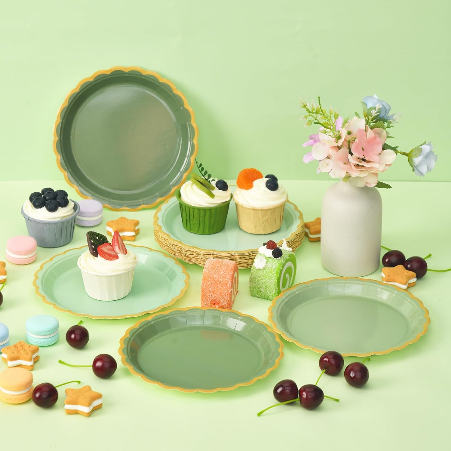 48 Pcs Sage Green Party Paper Plates Disposable, 7 Inch Sage Green Scalloped Dessert Birthday Dinner Cake Plate Cute Baby Bridal Shower Paper Plates for Baby Shower Wedding Party Supplies - Image 7