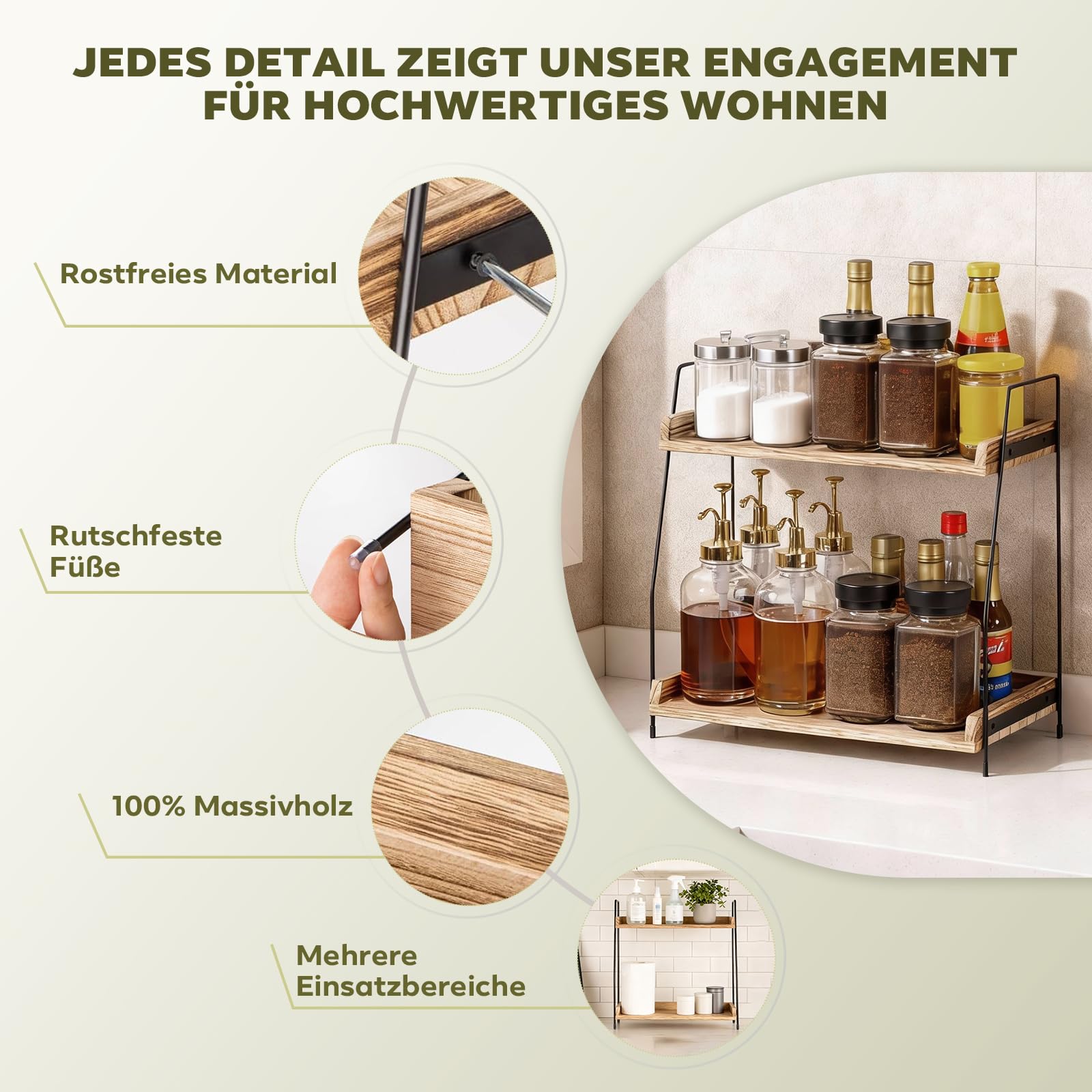 2-stufiges Organizer-Regal aus Holz & Metall | Kaffee- und Küchenregal mit Arbeitsplatte | Für Kosmetik, Bad, Home-Bar | Einfacher Aufbau, Braun