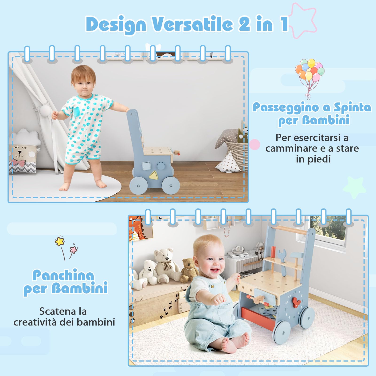 COSTWAY 2-in-1 Girello Neonato in Legno, Camminatore con Giocattoli e Attrezzi, Primi Passi per Bambini con Montessori, Carrello Primi Passi con Ruote, con Banco da Lavoro, per Bambini 3+ Mesi