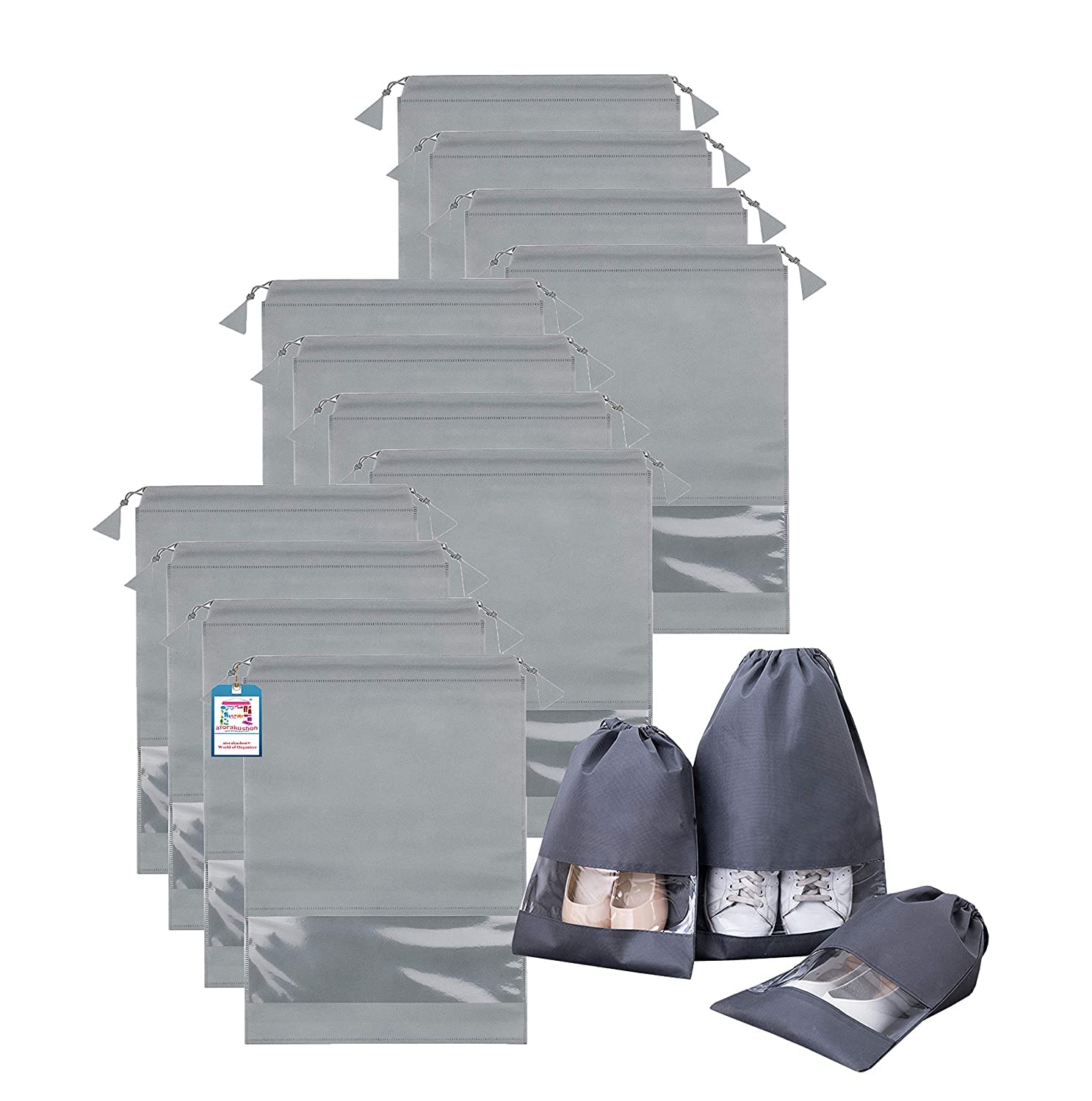 atorakushon 12 Piece Non Woven Shoe Bag Portable Travel Shoe Cover Storage Pouch for Travel & Storage String Bag Organizer Grey