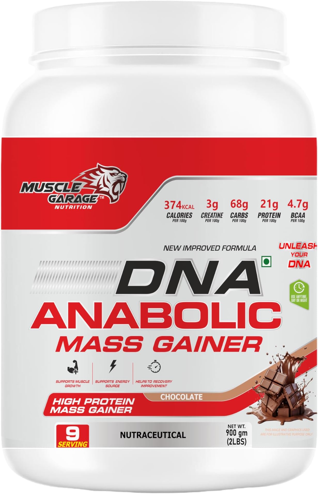 Muscle Garage DNA Anabolic Mass Gainer | New Improved Formula with 374 Calories, Protein, Carbs, BCAAs & Creatine |High Protein Weight Gainer for Muscle Size & Strength | Chocolate Flavor| 900 gms