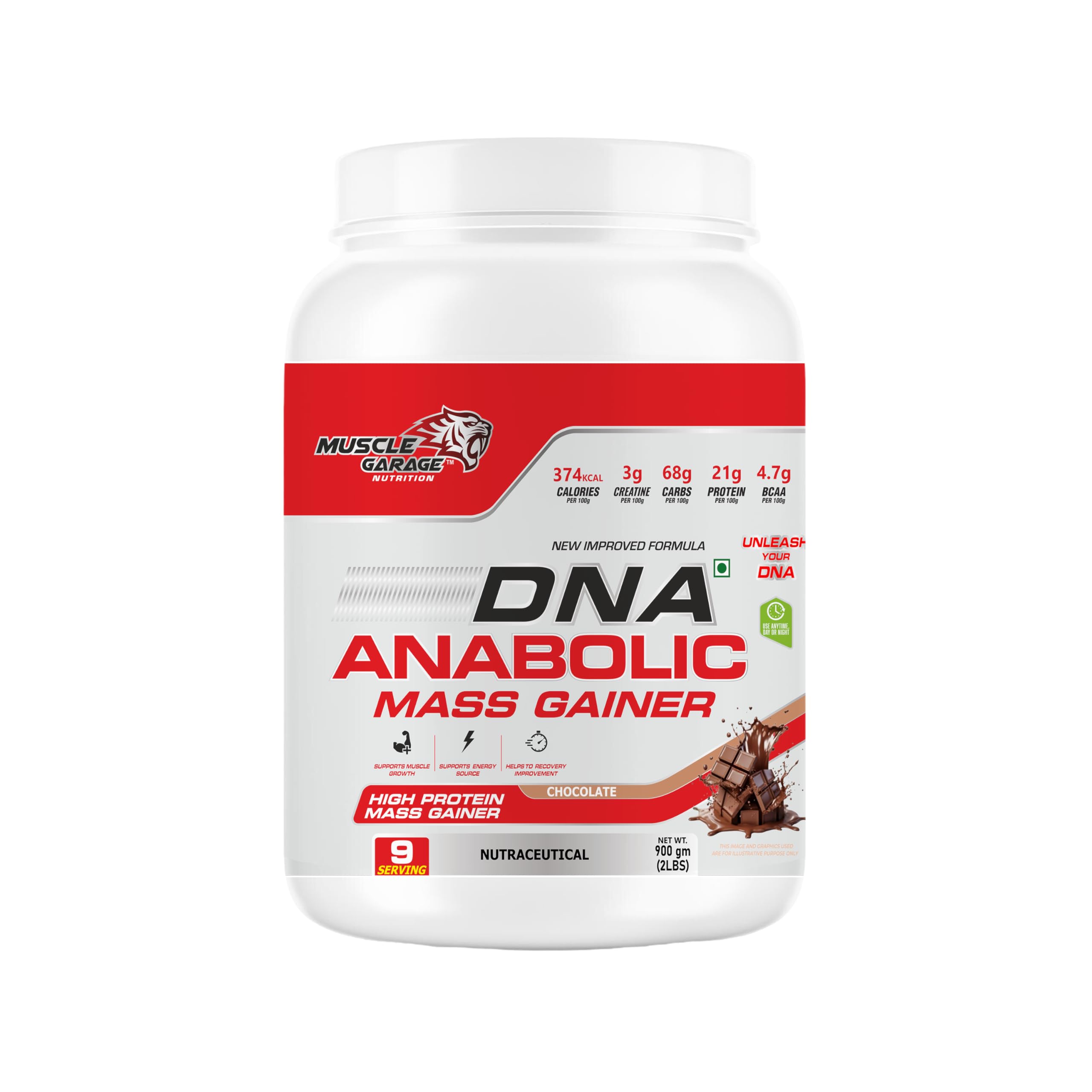 Muscle Garage DNA Anabolic Mass Gainer | New Improved Formula with 374 Calories, Protein, Carbs, BCAAs & Creatine |High Protein Weight Gainer for Muscle Size & Strength | Chocolate Flavor| 900 gms