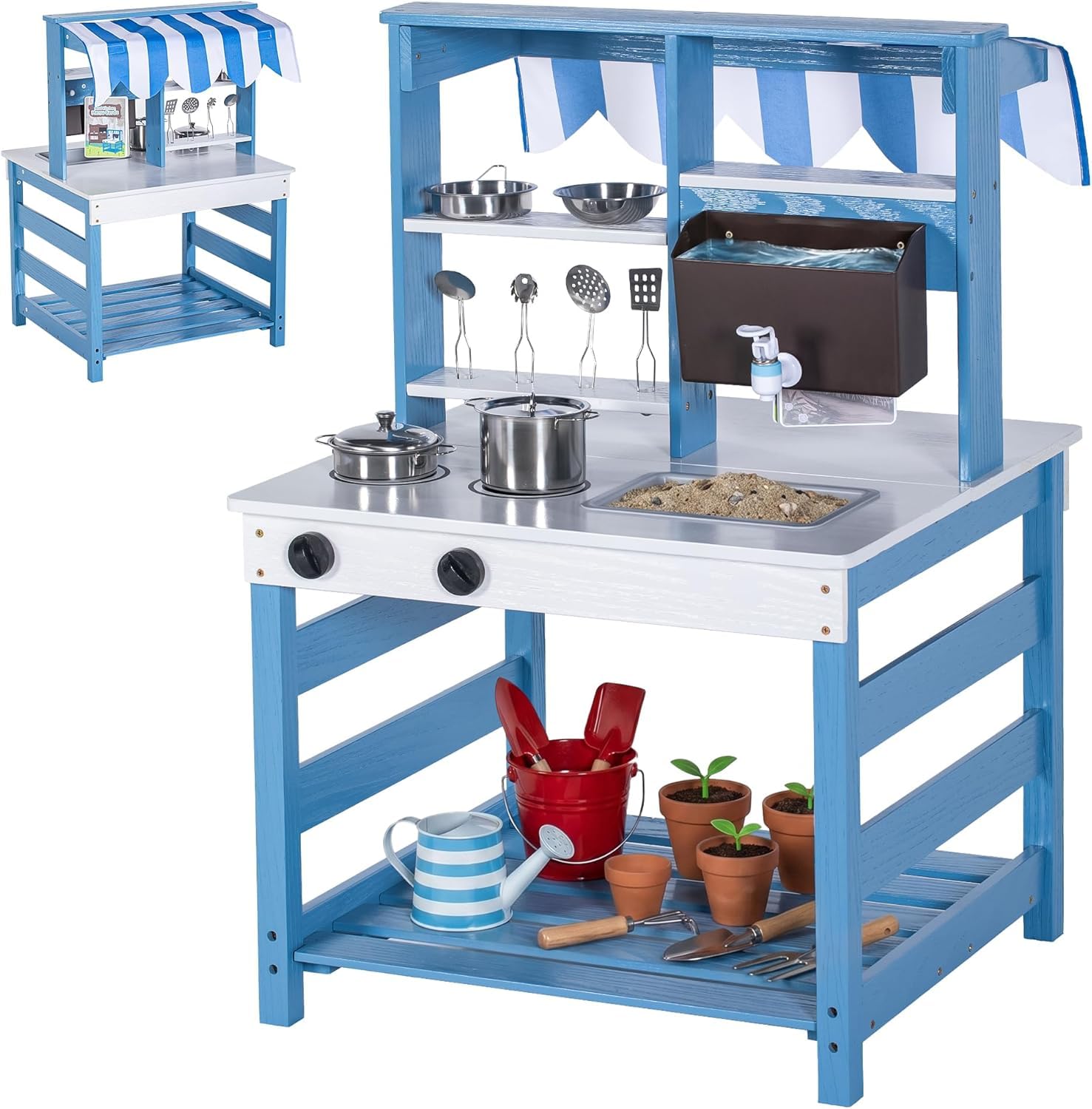 BRINJOY Mud Kitchen, Kids Kitchen Playset, Double-Sided Wooden Outdoor Mud Kitchen with Realistic Faucet, Removable Sink, Cooking Toys, Menu, Backyard Mud Table, Gift for Boys Girls (blue)