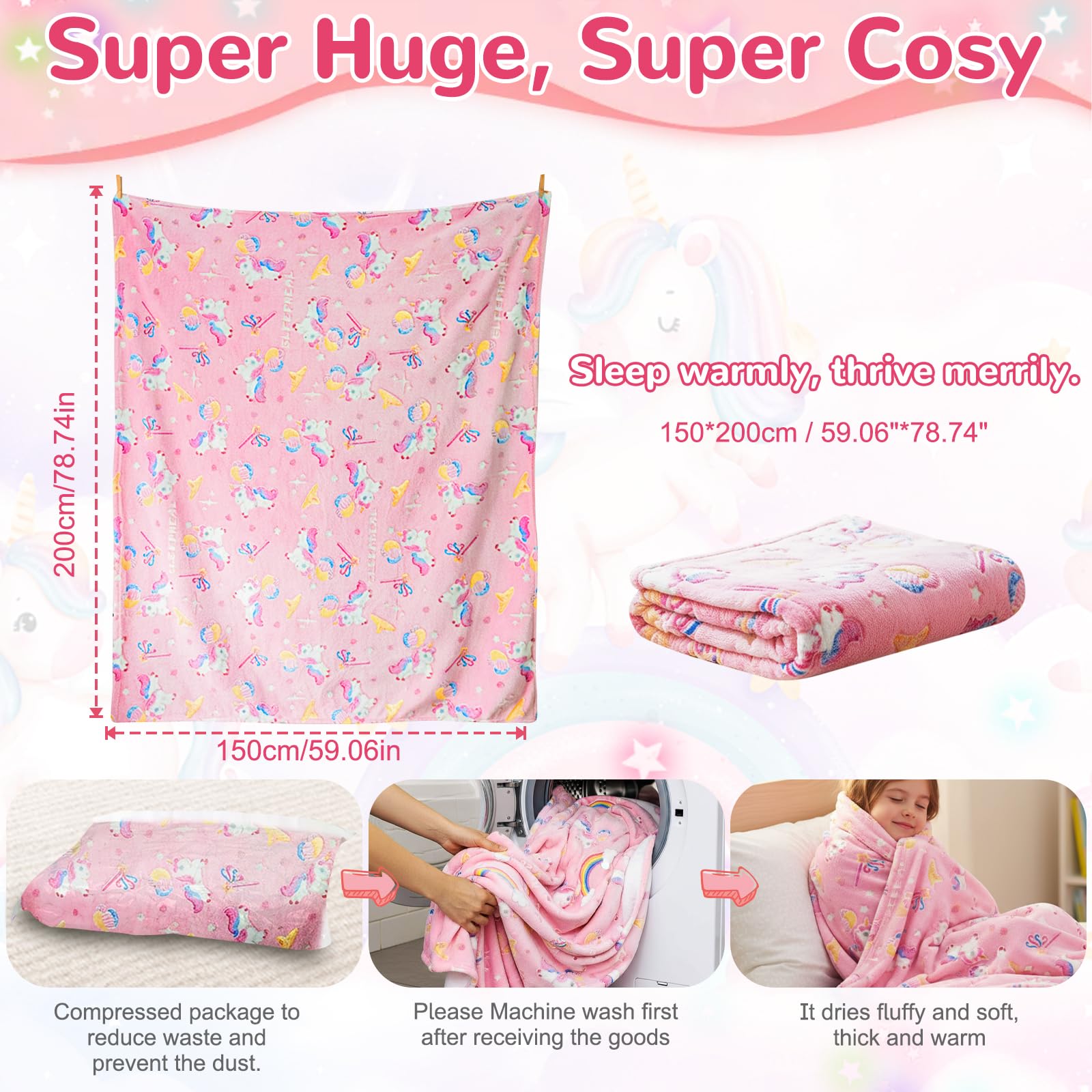 Coperta con Unicorno per Ragazze, Coperta Divertente Flanella con Che si Illumina al Buio per Bambino dai 2 ai 12 Anni, Caldo Plaid Rosa Singolo per Divano Soggiorno Camera da Letto, 150x200cm