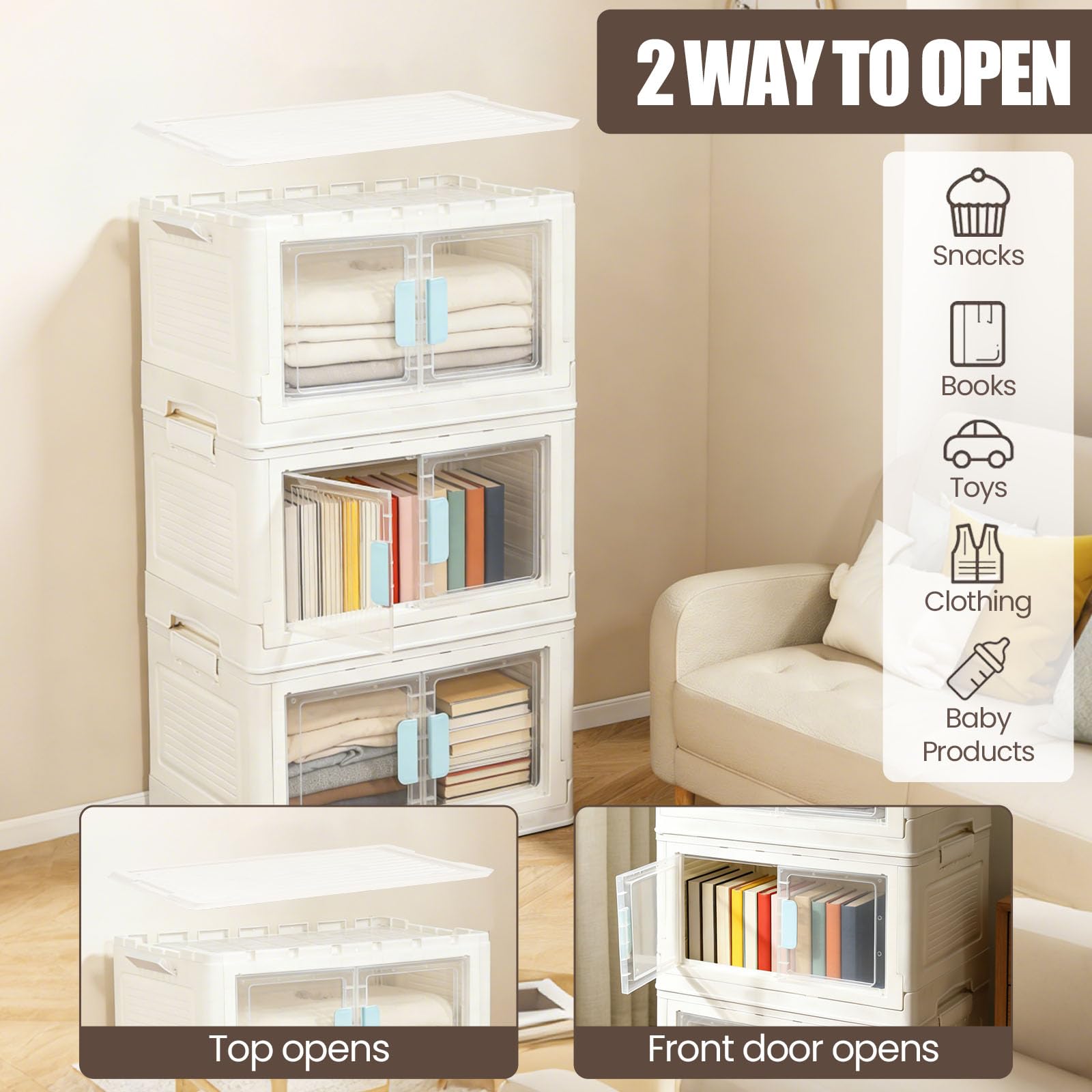 3 Pezzi Scatola di Stoccaggio Doppia Porta Contenitori Impilabile Salvaspazio con Ruote Contenitori in Plastica Pieghevoli con Coperchio per Camera da Letto, Ufficio e Cucina, 3x50 Litri