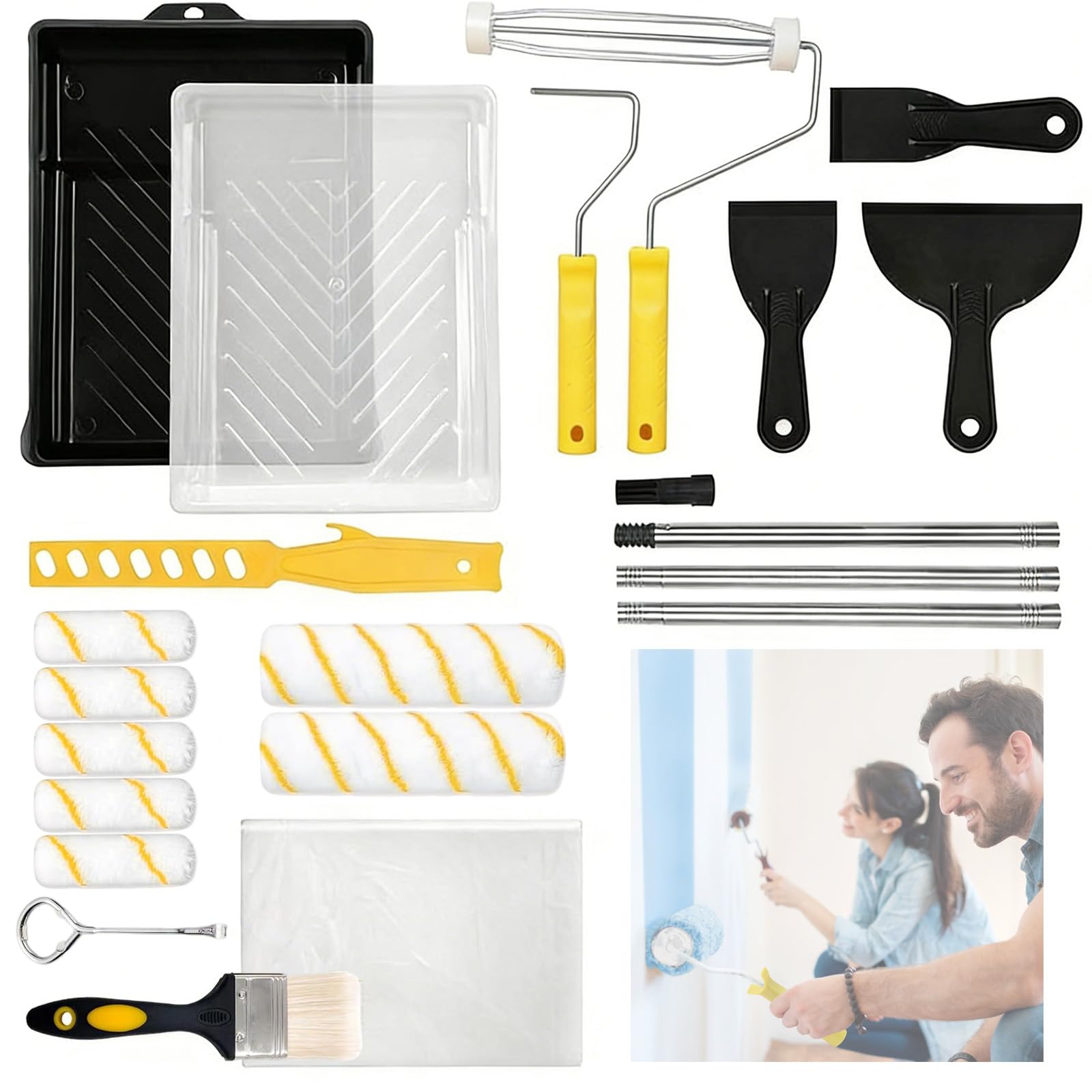 LZEXIN 21pcs Paint Tray Set, 9inch/4inch Paint Roller Kit, Painting Roller Set with 3pcs Extension Poles, 3pcs Wall Scraper, Brush, 7 Cleaning Roller Pads for Walls and Ceiling