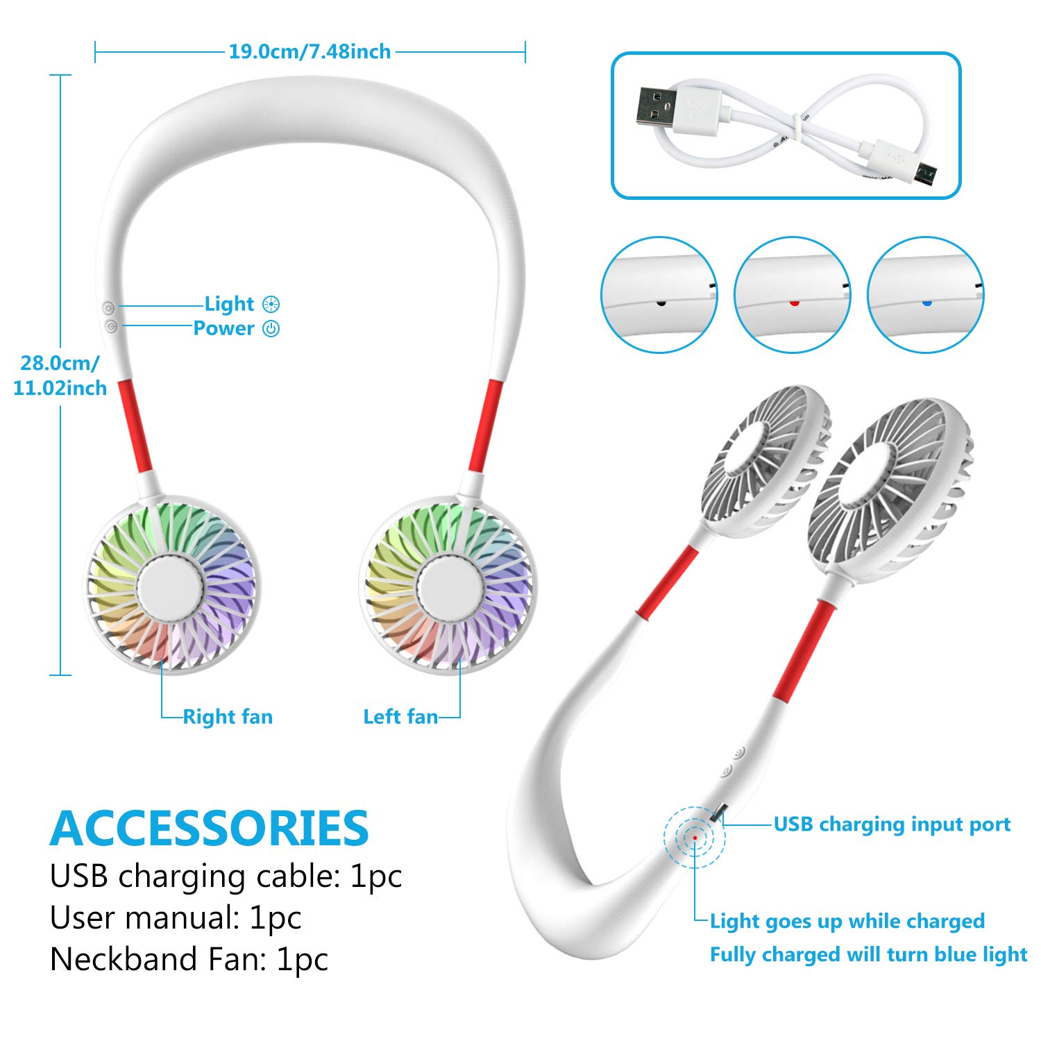 Pssopp Ventilatore Da Collo Portatile, Ricaricabile USB, 3 Velocità Regolabili, Con Luci LED, Per Viaggi, Sport, Ufficio E Outdoor, Rosa - 4