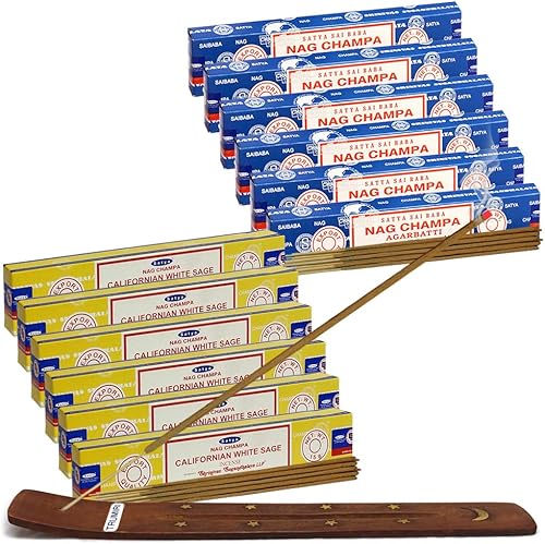 Nag Champa - Varillas de incienso y salvia blanca californiana con soporte de incienso, paquete para fragancia del hogar y decoración espiritual
