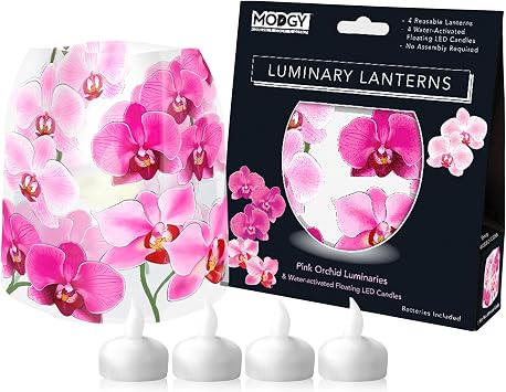 MODGY Luminary Lanterns Candle Holder Decorative Indoor Outdoor Decor, Plastic Candle Lantern Lamps for Wedding Table Centerpiece Porch 4-Pack with Flameless Floating LED Candles, Pink Orchid