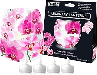 MODGY Luminary Lanterns Candle Holder Decorative Indoor Outdoor Decor, Plastic Candle Lantern Lamps for Wedding Table Centerpiece Porch 4-Pack with Flameless Floating LED Candles, Pink Orchid