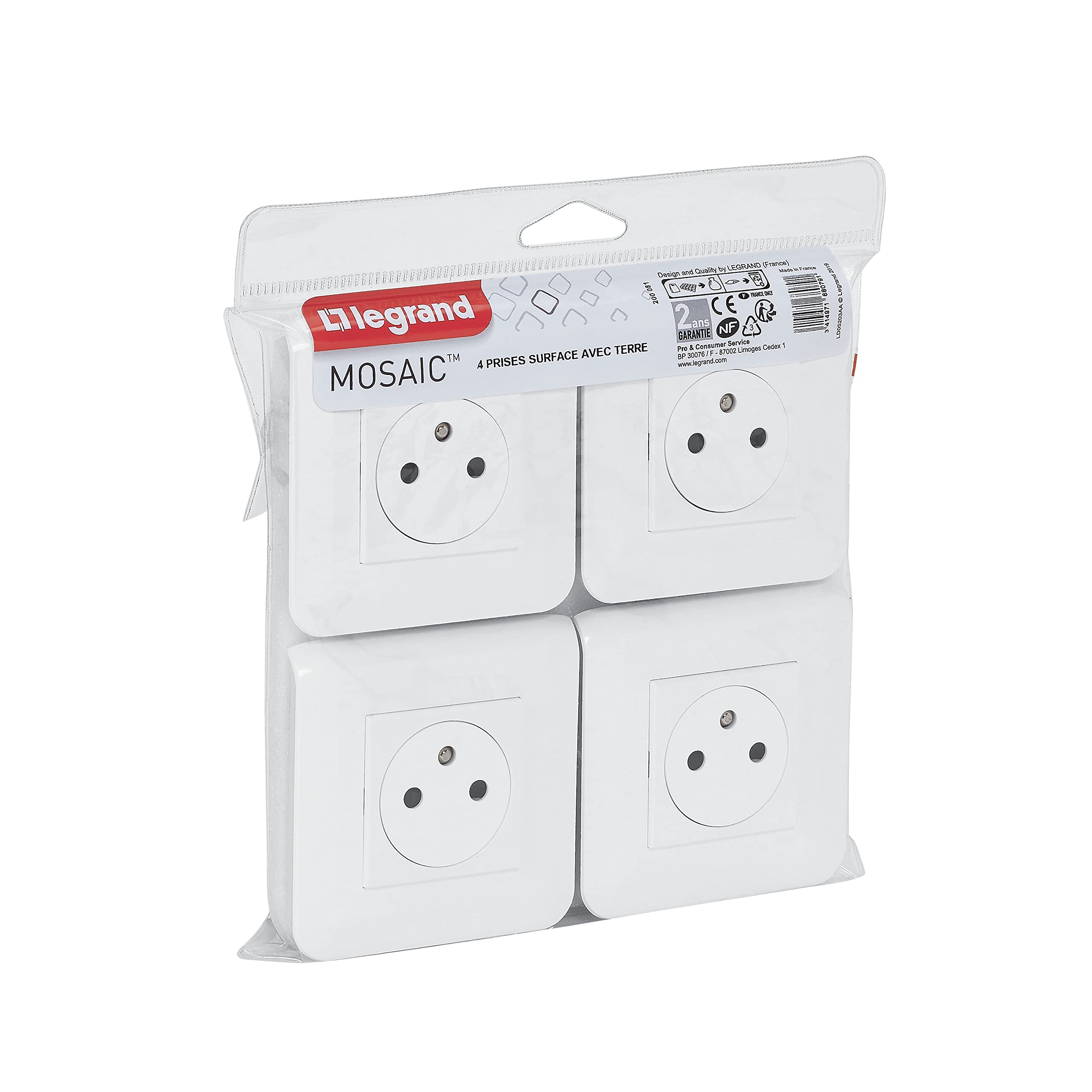 LEGRAND - Presa elettrica da parete con superficie di terra mosaico - Presa 2P+T + Piastra di finitura + Staffa di montaggio a vite - Made in France - Bianco - Set di 4