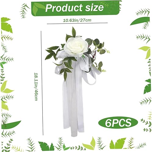 Miniatura 7 de Decoraciones de pasillo de boda, 6 rosas artificiales con cinta para decoración de pasillo de boda, decoración de silla de flores para bodas y