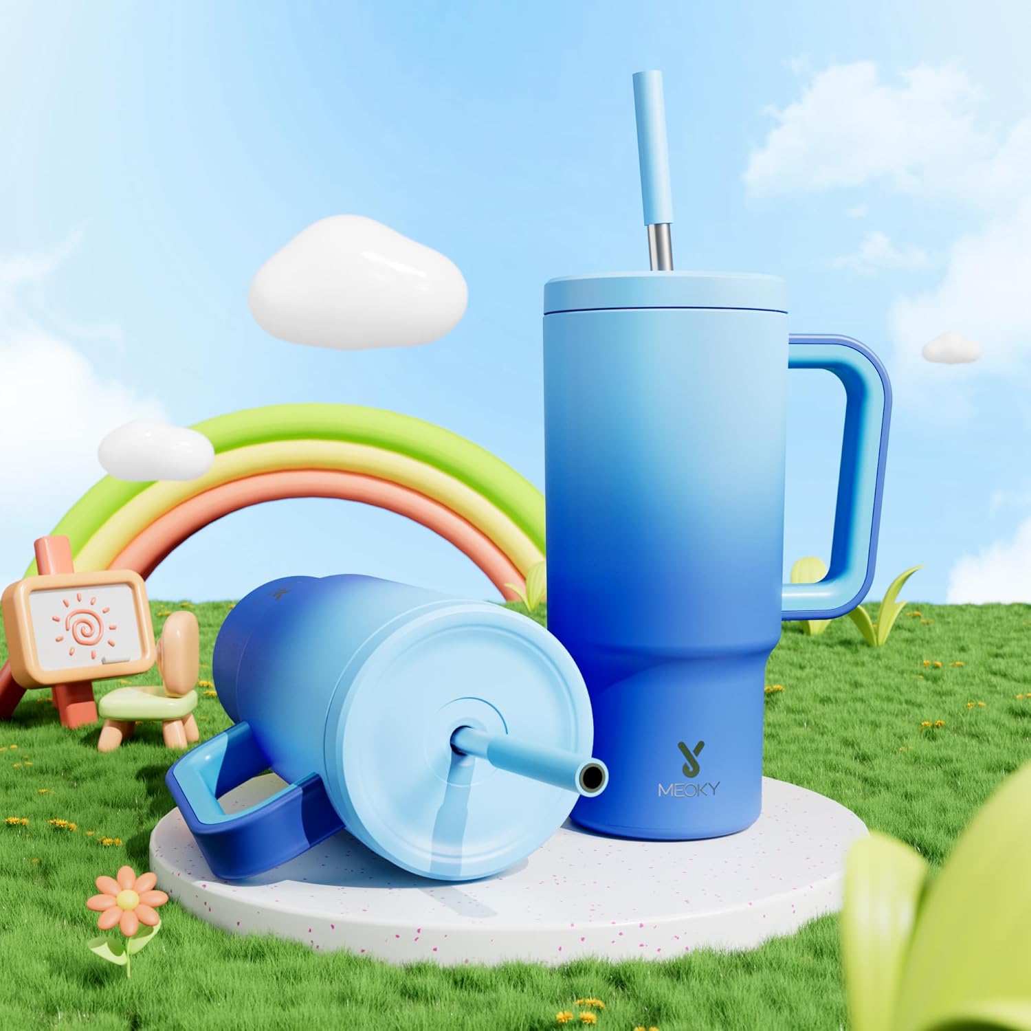 Meoky 24 oz Tumbler with Handle for Kids: Stainless Steel Insulated Tumbler with Lid and Straw - Keeps Cold for 24 hours - 100% Leakproof Tumbler BPA-Free for Travel Car Cupholders - Girls Boys, Sky - Image 7