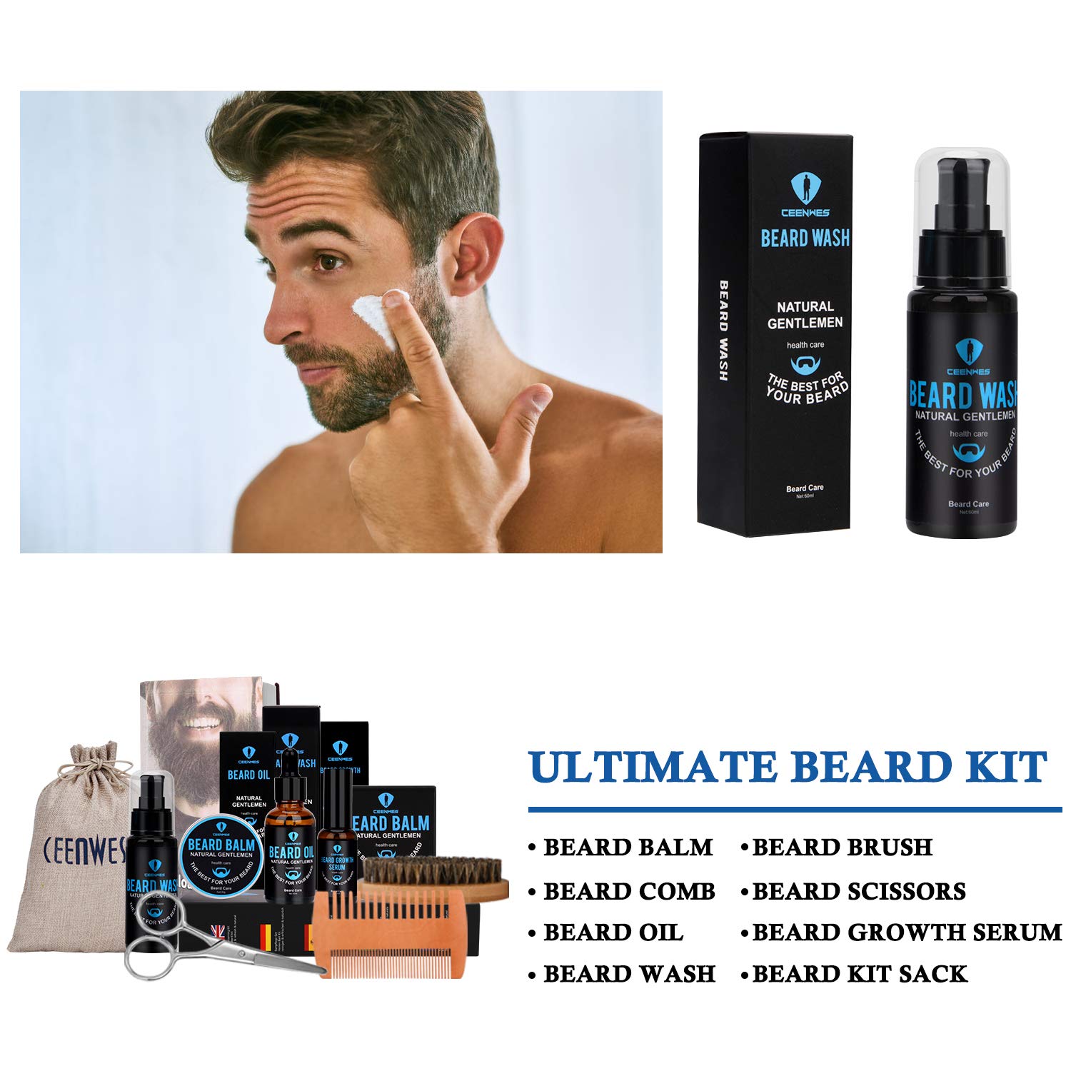Kit d'entretien de barbe 9 pièces pour homme avec shampoing à barbe gratuit, huile à barbe, baume à barbe, peigne à barbe, ciseaux à barbe, soin de la barbe, soin de la barbe, produit de croissance de