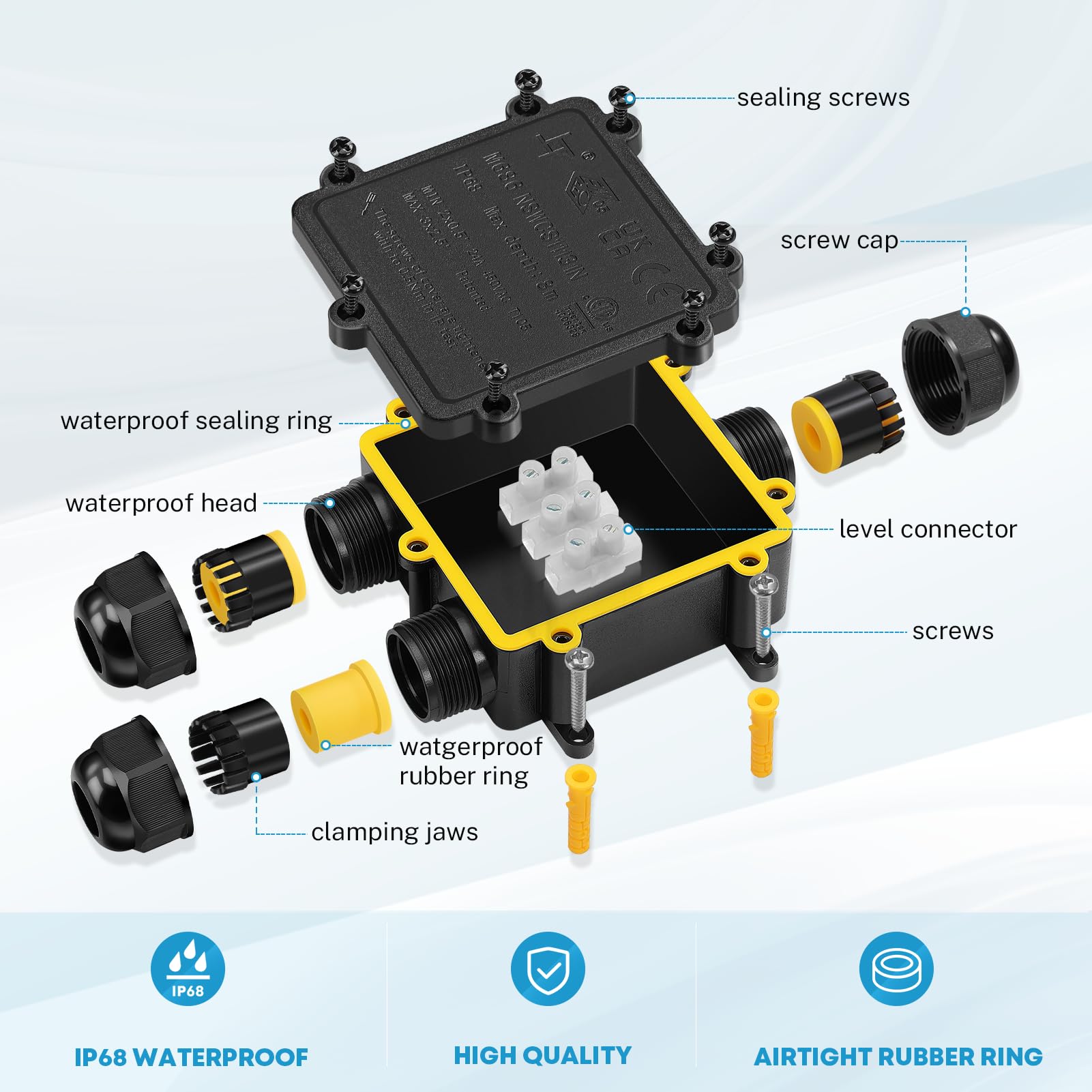 Aansluitdoos IP68 waterdichte 3-weg kabelconnectoren voor buitenverlichting externe elektrische aansluitdoos 5,5-10,5 mm pak van 4 zwart