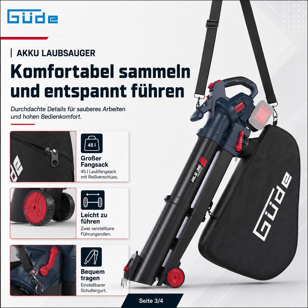Güde Akku Laubsauger ALS 36-202-30-2 Stück 2 Ah Akkupack, Doppelladegerät | Saugen, Blasen, Häckseln, Vario-Speed mit Turbo, Blätterkralle, Reinigungsklappe, einstellbare Fahrrollen, 45 Liter Fangsack