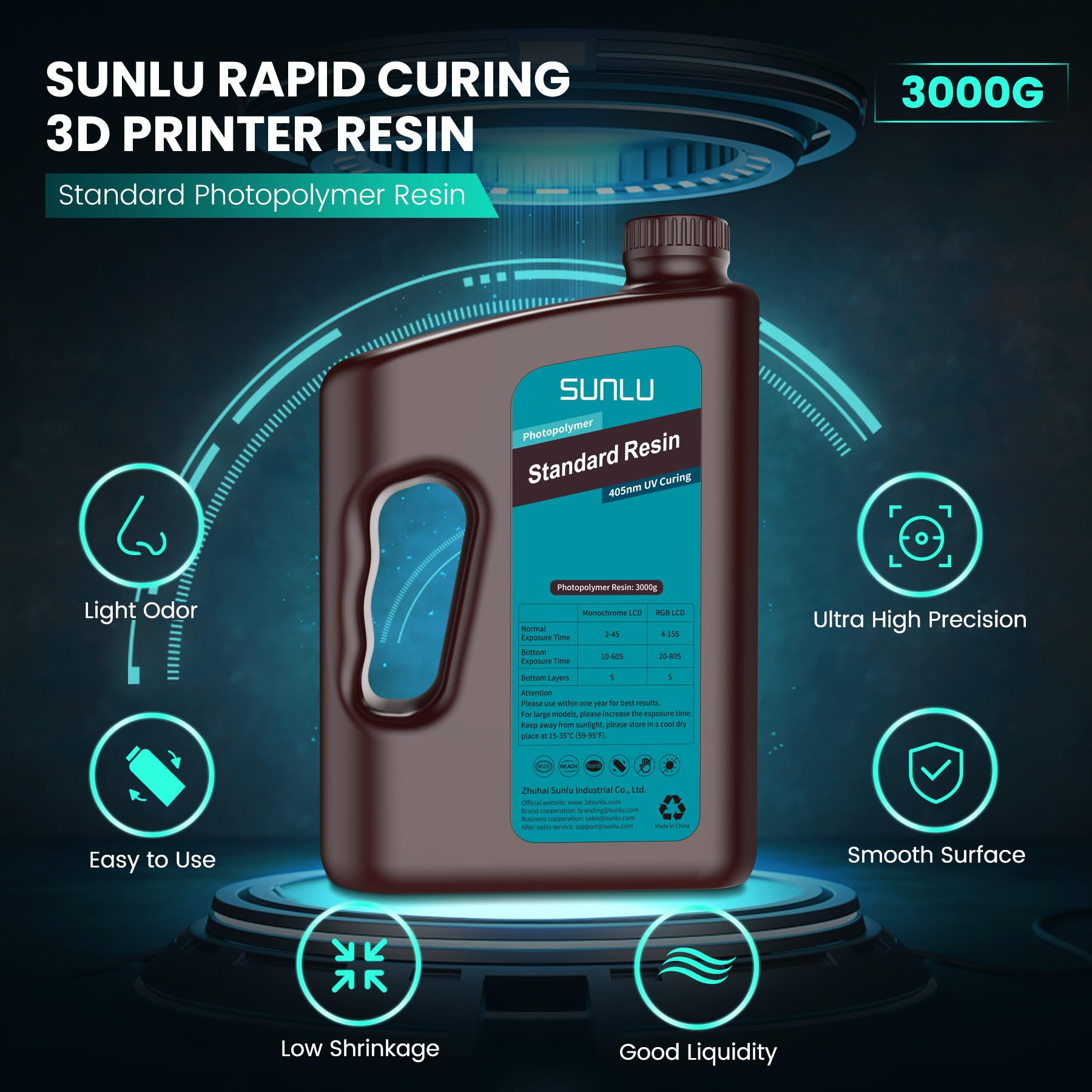 SUNLU Stampante 3D Resina 3KG, 405nm Resina UV Polimerizzante Veloce, Fotopolimero Standard Resina di Stampa 3D per 4K/8K LCD/DLP/SLA Stampanti Resin, Alta Precisione, Nero 3000G