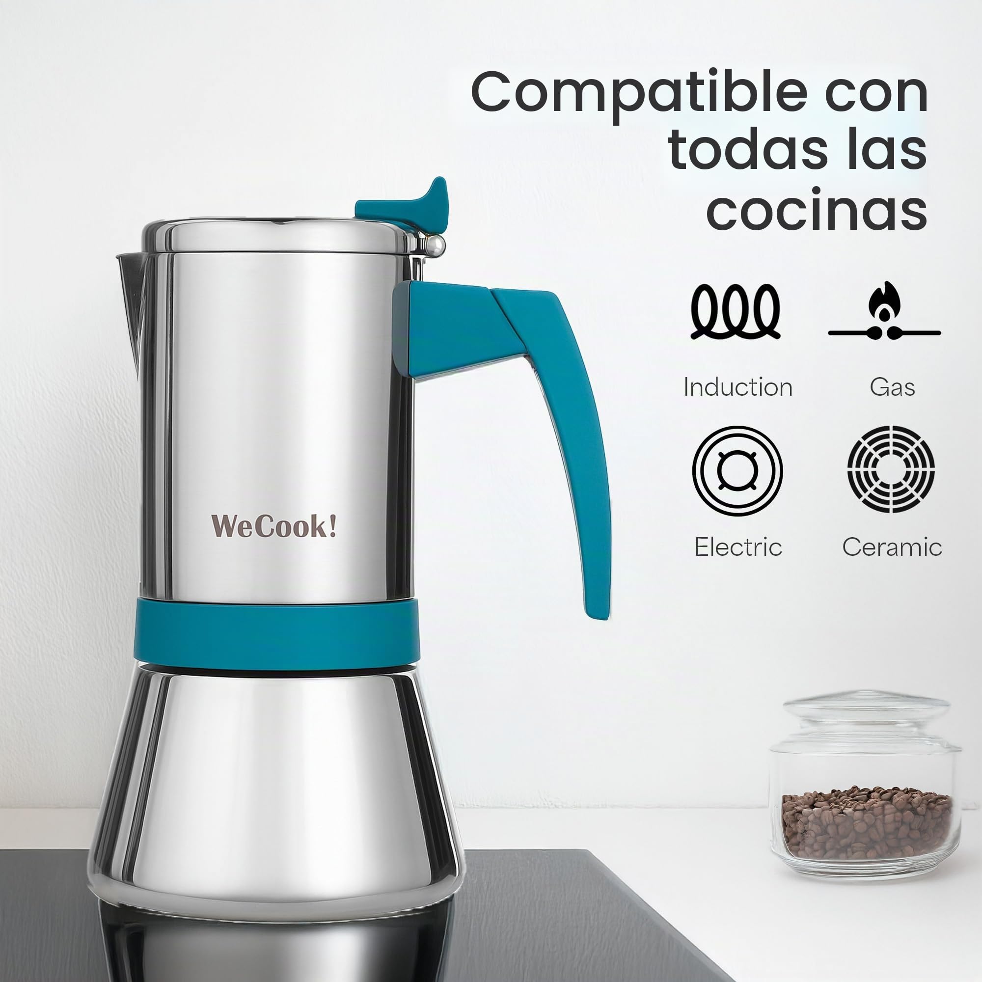 WECOOK! Cafetera Italiana Inox 18/10 para Inducción, Plateado-Blue, 9 Tazas | Gas, vitrocerámica y eléctrica, Mango baquelita Soft-Touch, Válvula seguridad níquel, Cuchara medidora incluida