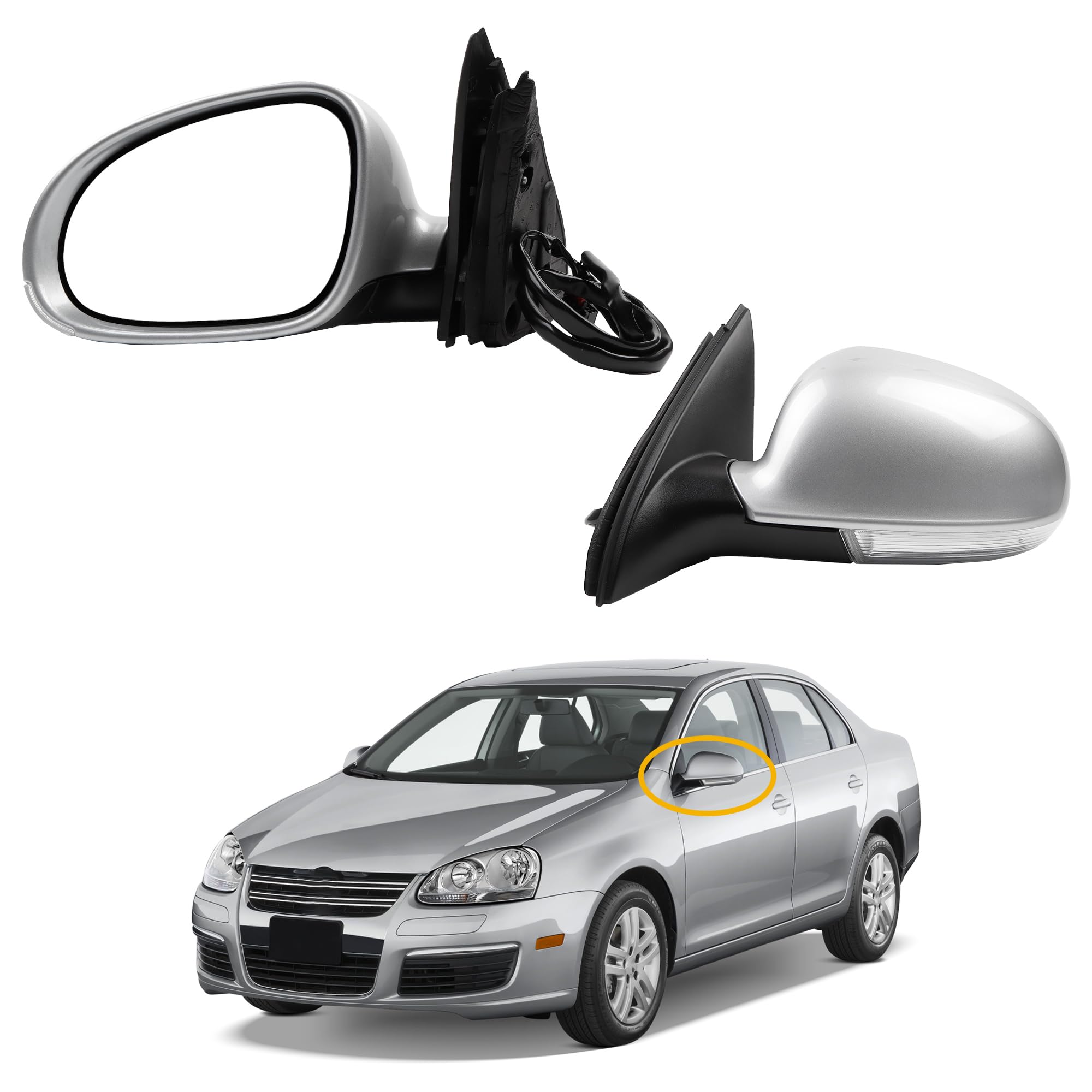 Photo 1 of Dasbecan Driver Side Mirror Compatible with 2005-2010 VW Jetta Left Side View Mirror w/Turn Signal Light, Manual Folding, Power Heated Glass, Silver Color Replace# 1K1857507DJ9B9 (7pin)