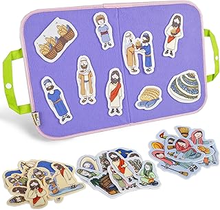 CHEFAN Felt/Flannel Board Story Set of 4, PRECUT Felt Pieces for Preschool Toddlers Circle Time,Bible Story,Feeding The 5000, Nicodemus, Jesus Walking on The Water, The Lost Coin