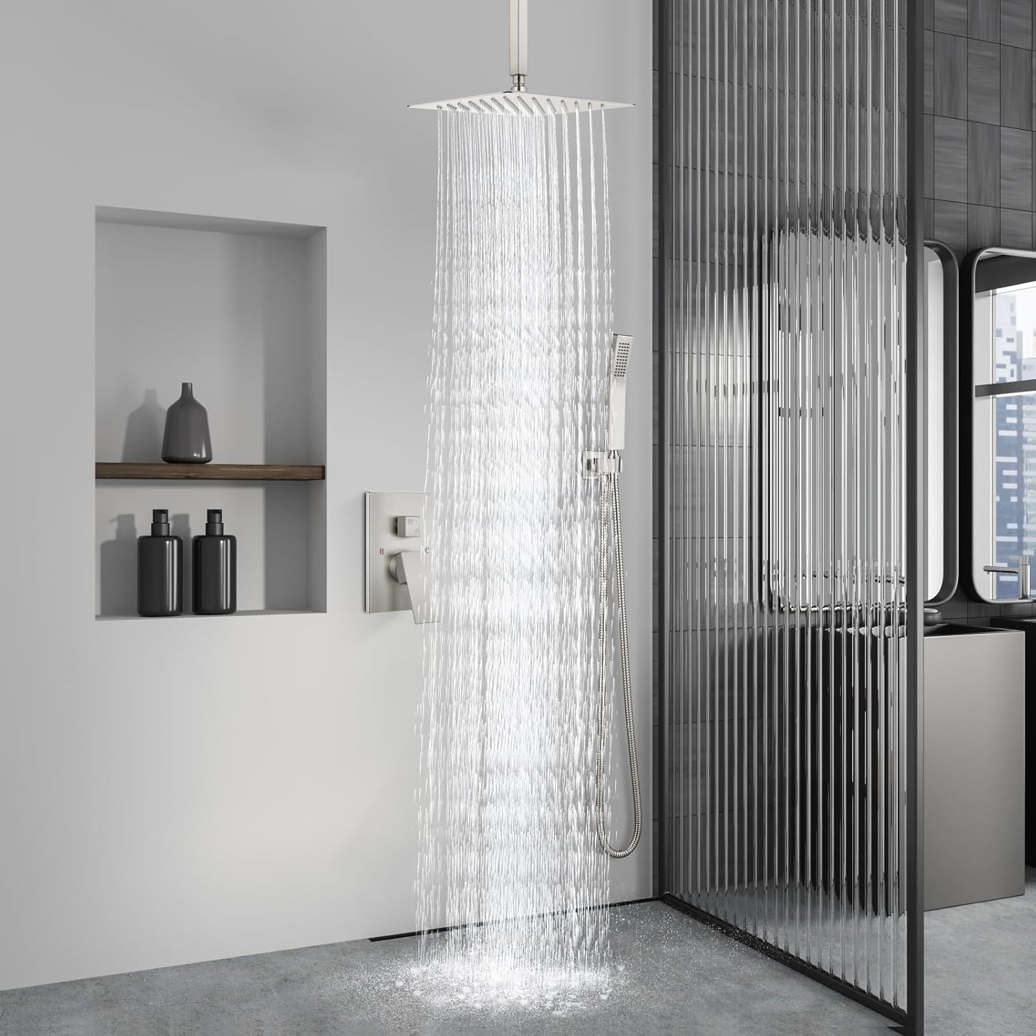 Aolemi Ceiling Mount Shower System Rain Shower Head with Handheld Spray High Pressure Shower Faucet Set Rough-in Valve Shower Trim Kit Included Bathroom Brushed Nickel 10 Inch Ceiling Shower Head