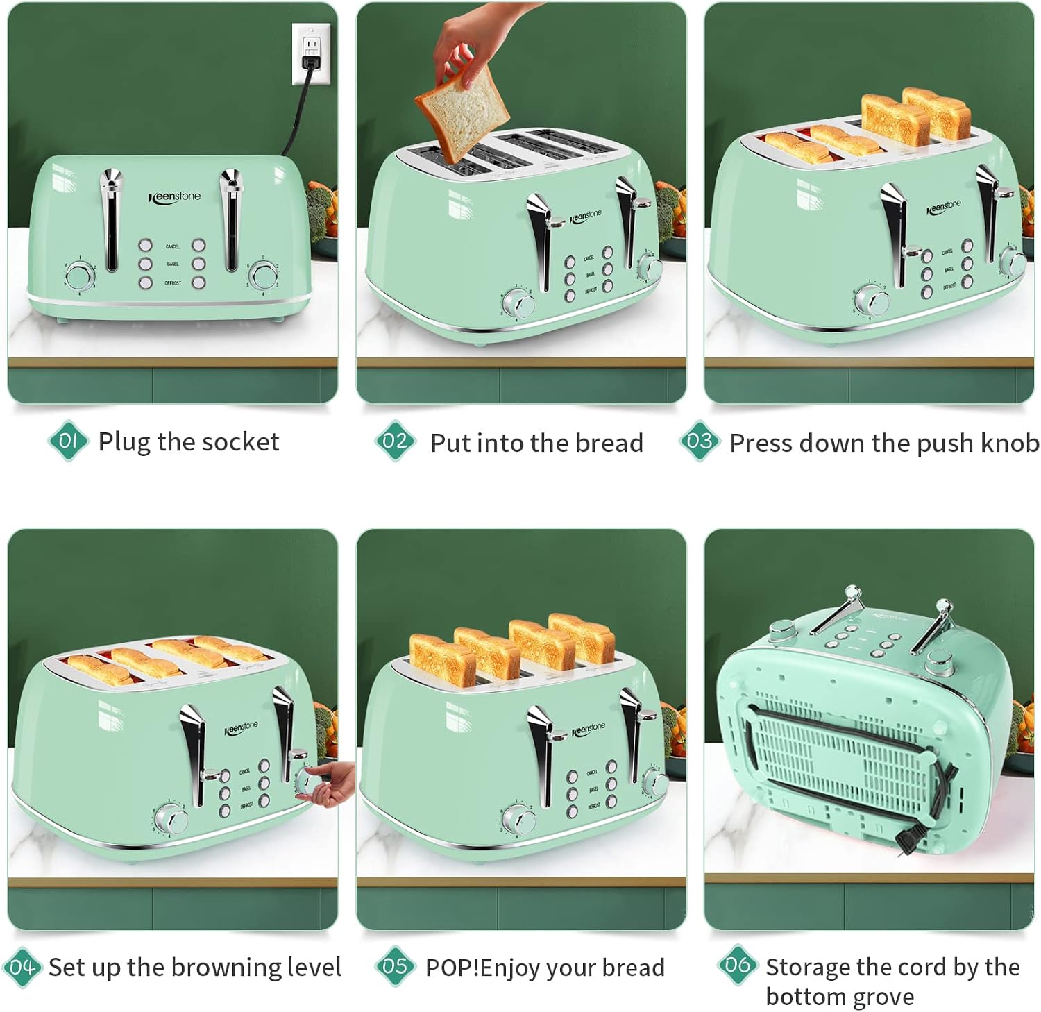 Toaster 4 Slice, Keenstone 4 Slice Toaster, Retro Toaster with Extra Wide Slots, Bagel/Cancel/Defrost Function, Removable Crumb Tray, 6 Shade Settings, Stainless Steel, Green