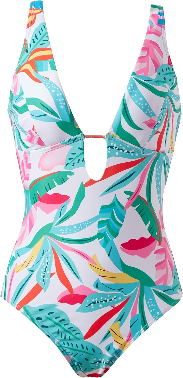 SUUKSESS Women One Piece Tummy Control Swimsuit Deep V Neck Cutout Bathing Suit