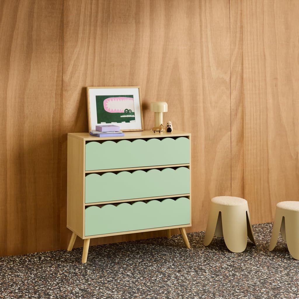 Cassettiera per bambini effetto legno 3 cassetti Verde - 80x30x79 cm