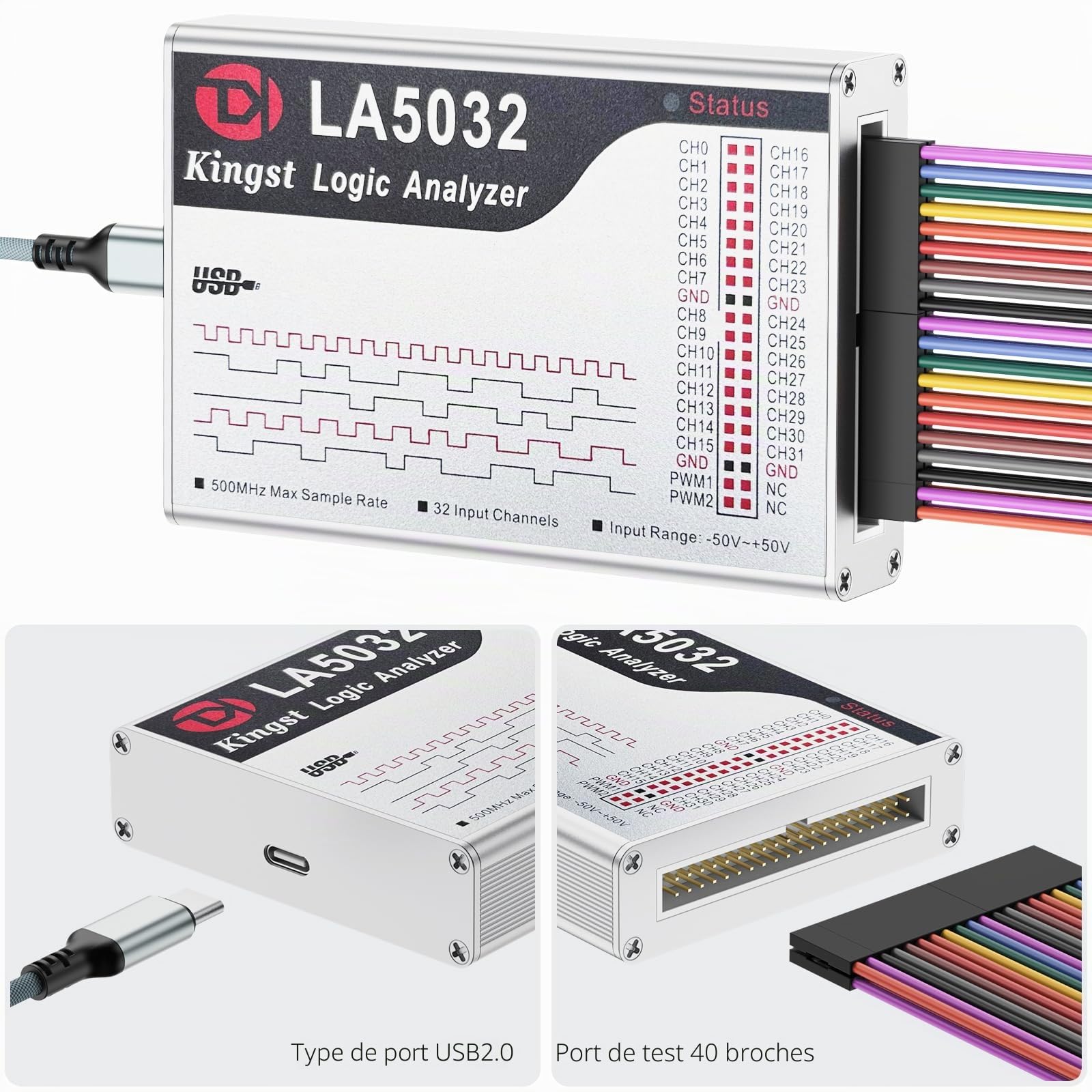 InnoMaker Analyseur Logique USB LA5032 32 Canaux 500MHz 10G Échantillons pour MCU ARM FPGA Outil de Débogage Analyseur MIPI avec Logiciel Anglais Compatible avec Windows Mac Linux