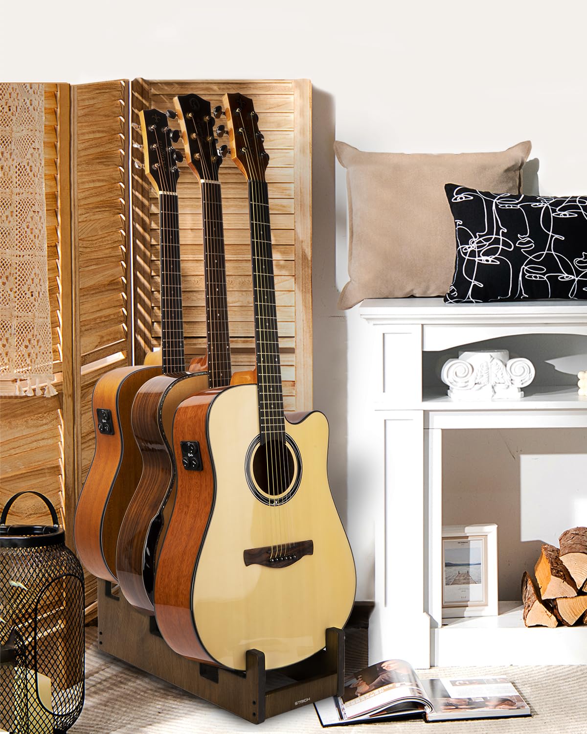 STRICH L-3AW Support de guitare en bois pour plusieurs guitares, 3 supports, affichage frontal, gain de place, pour la maison, le studio, la scène, couleur noyer, L-3AW (pour 3 acoustiques)