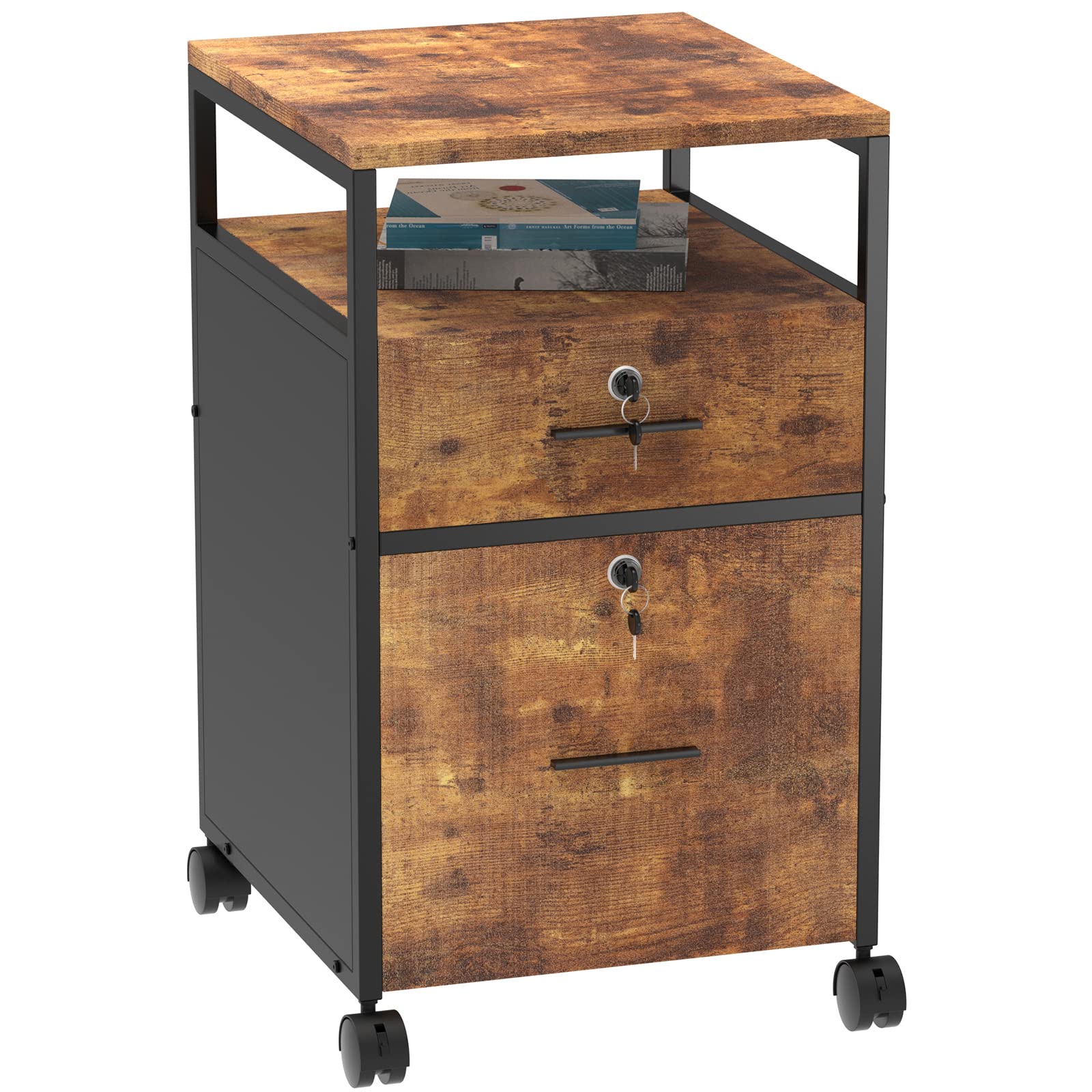 Naice Rolling File Cabinet, Wood Filing Cabinet with Lock, for Letter, A4 Size, 2 Drawer File Cabinet with Enlarged Wheels, Home Office Printer Stand, Hanging File Folders, Steel Frame, Rustic Brown