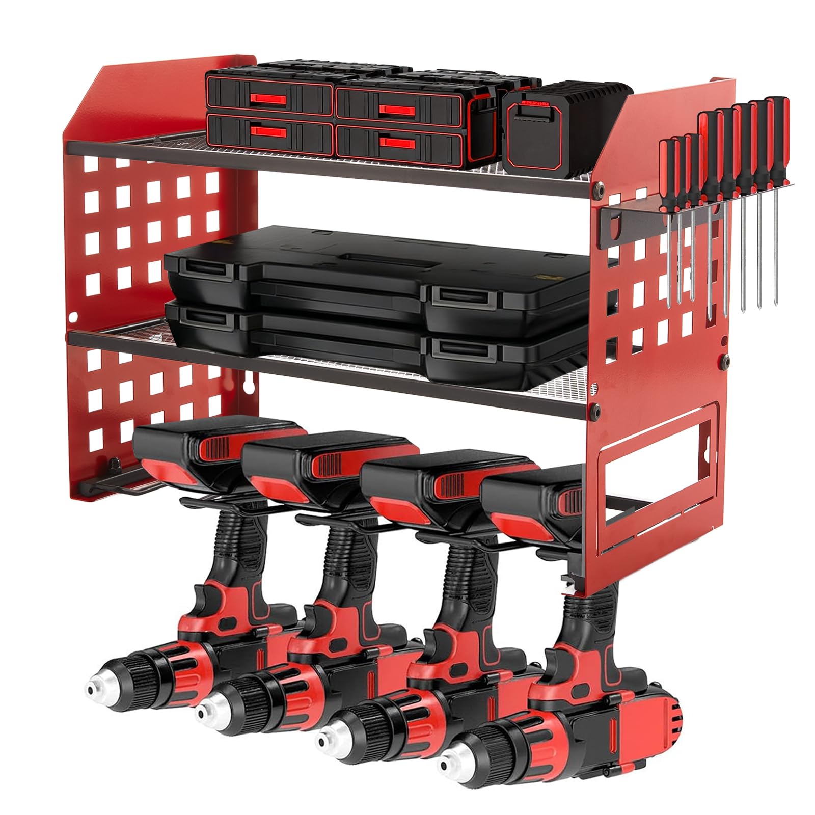 BLUE BAZAAR 3 Layer Power Tool Storage, Tool Rack for 4 Drill Holders, Heavy Duty Wall Mounted Rack for Garage, Home, Workshop (Red)